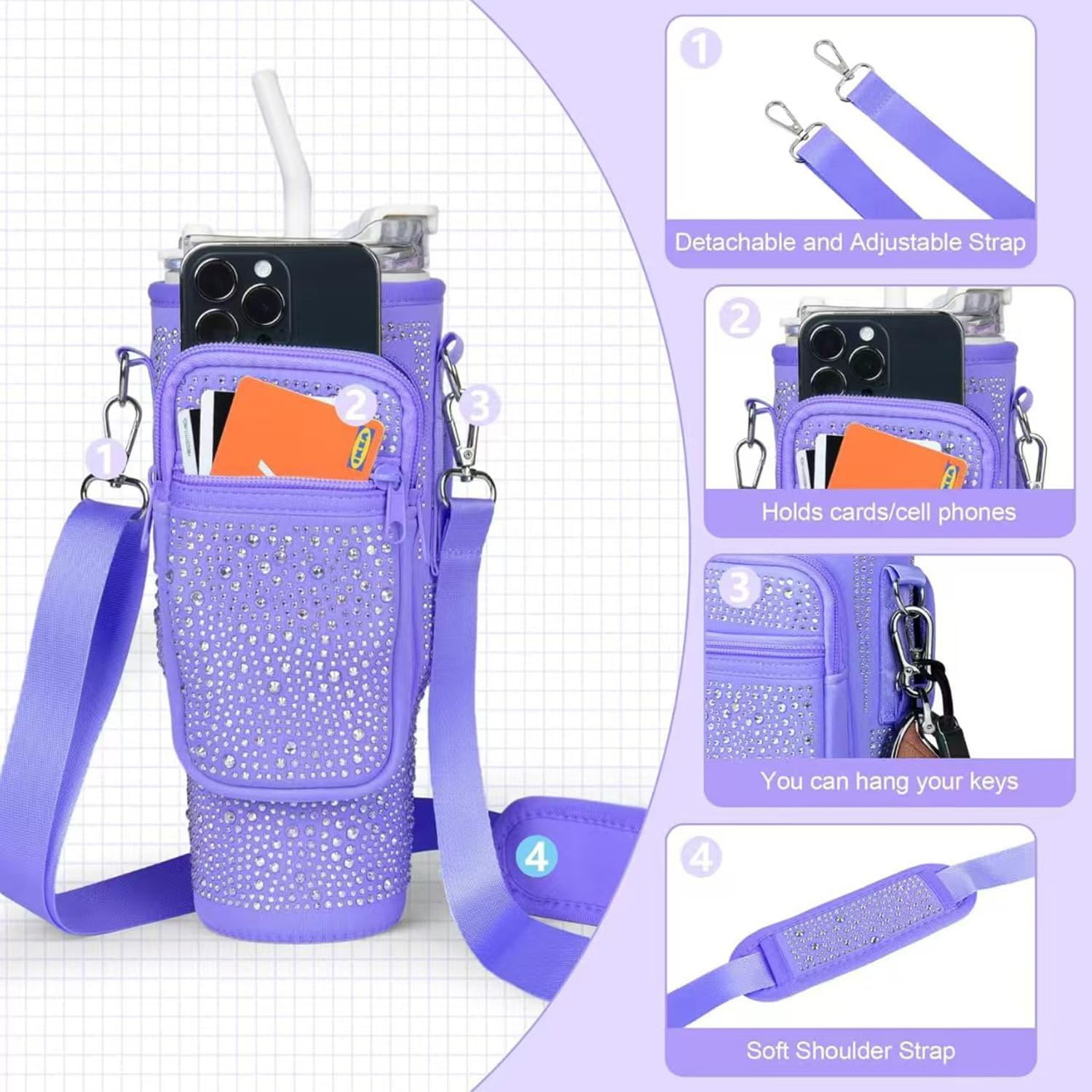 Bling Water Bottle Carrier Bag with Phone Pocket for Stanley Cup 40 Oz, Neoprene Water Bottle Holder Pouch with Adjustable Strap for Stanley Cup Accessories (Black) - Blue image number 2
