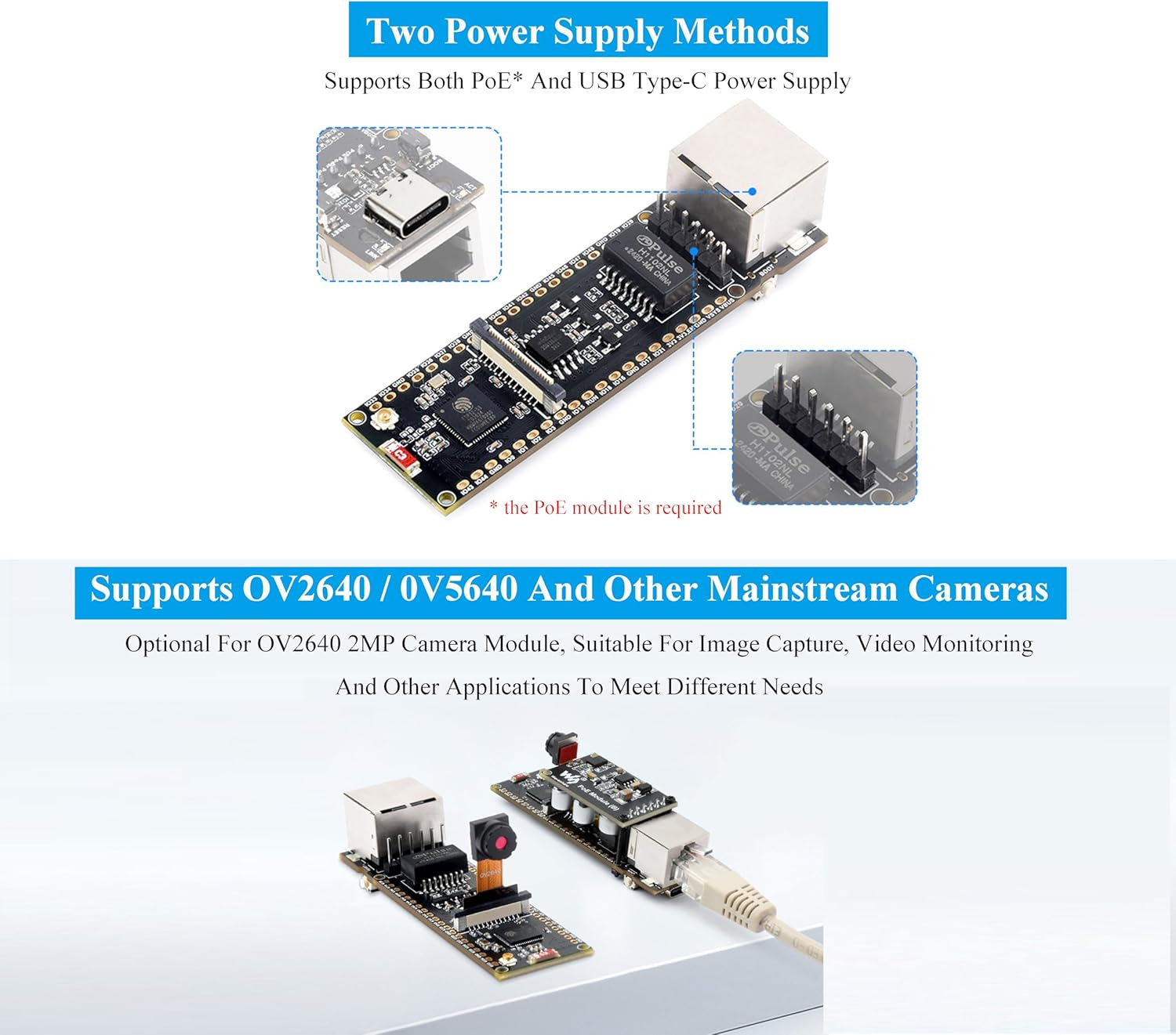 ESP32-S3 ETH Development Board, 10/100Mbps RJ45 Ethernet Port, 240Mhz Dual Core Processor, Onboard Type-C Port & TF Card Slot, Wifi & BLE & Ethernet Communication, with POE Module + OV2640 Camera image number 3