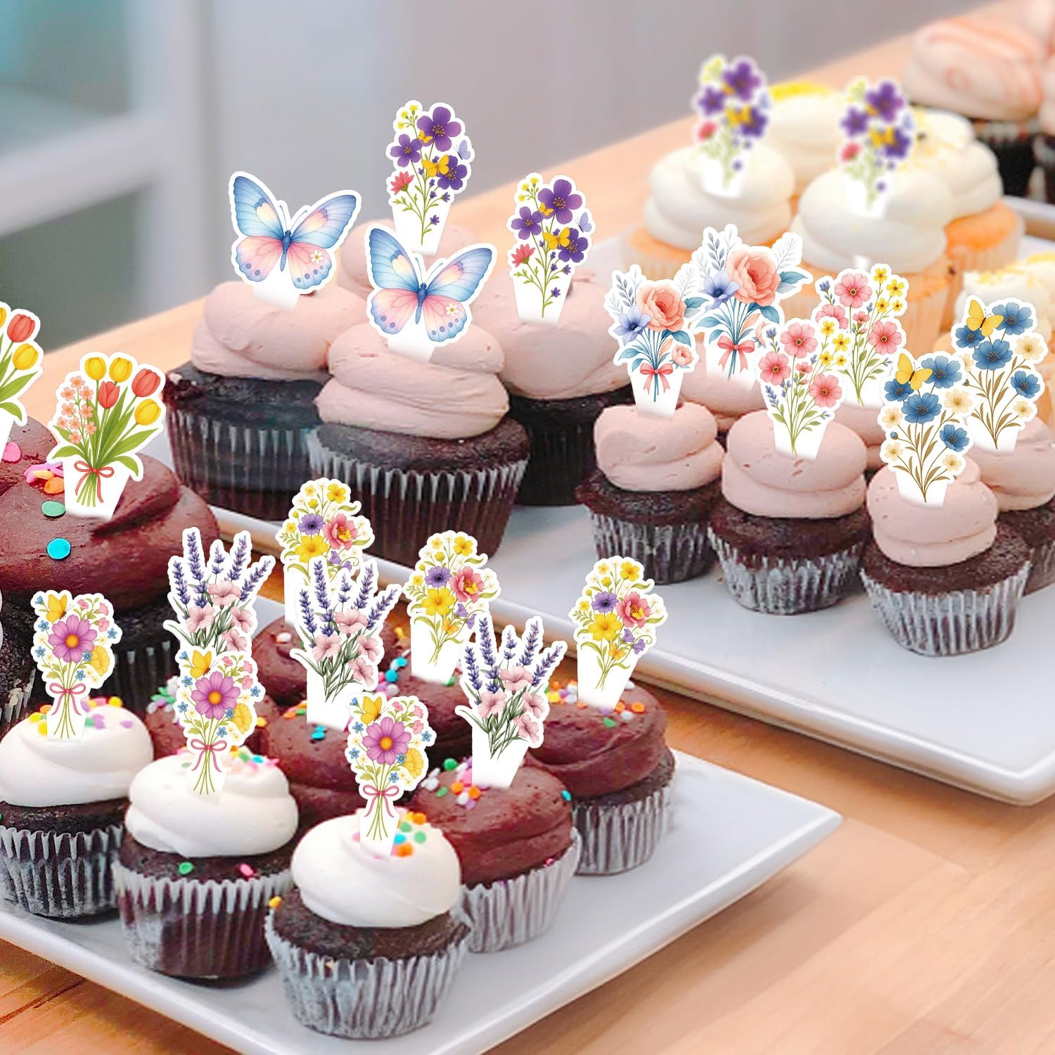 45Pcs Wildflower Cupcake Toppers, 9 Styles Flower & Butterfly Cupcake Toppers Baby in Bloom Floral Cake Picks Ideal Birthday Party Wedding Baby Shower Decoration Supplies image number 4