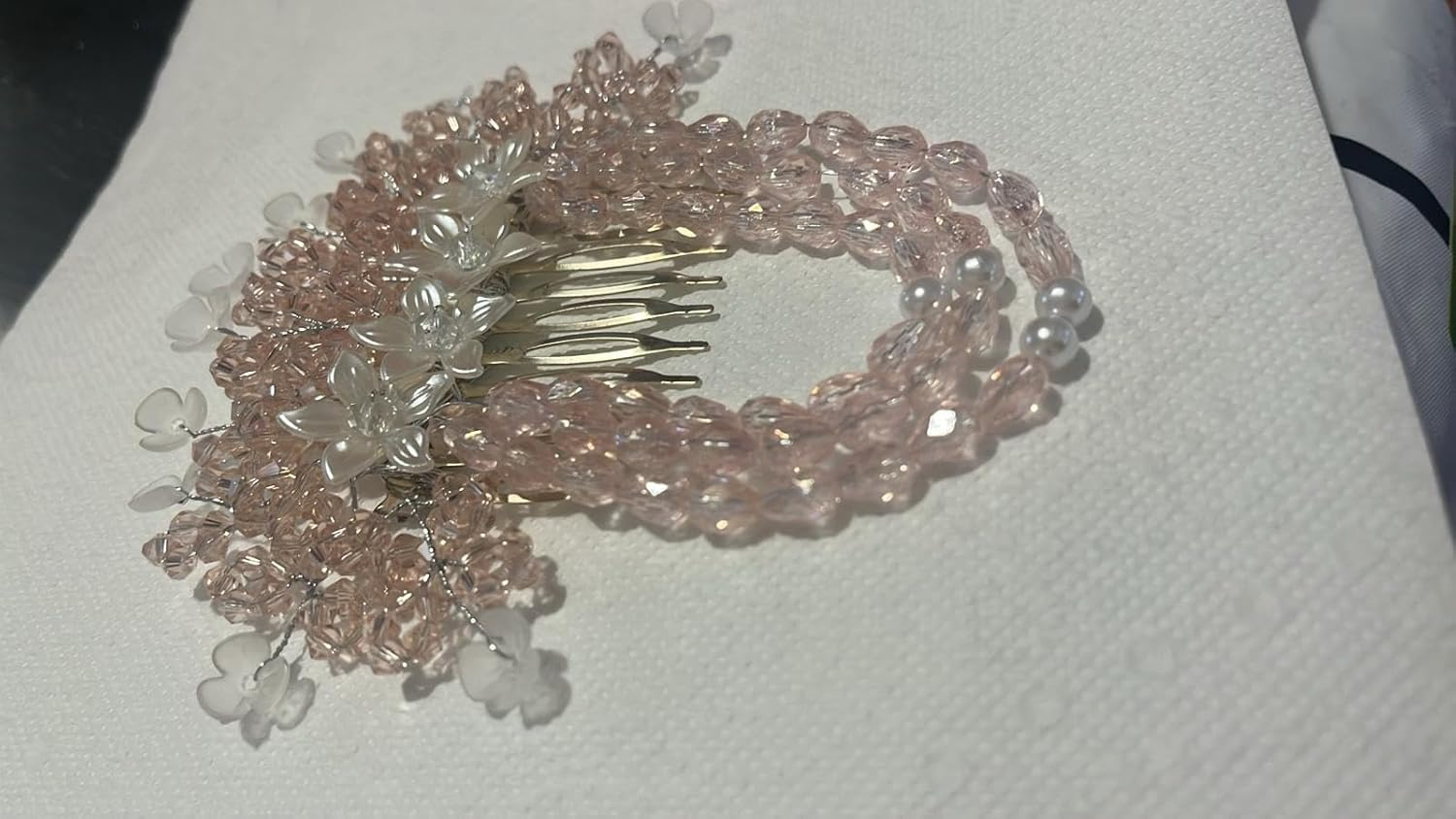 NTY Collections Bride Wedding Hair Clip Comb, Women Hair Combs Accessories,Crystal Hair Pins Bridal Hair Comb Wedding Hair Accessories Decorative Hair Comb Clips for Women -Pink Pack of 1 image number 2