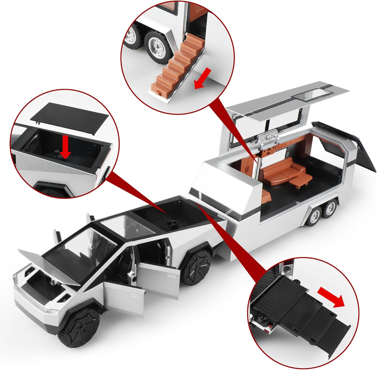 Toy Trucks Cybertruck with Trailer RV Cyberquad Car Toy 1:32 Cyber Toy Trucks Sliver Cybertruck Metal Diecast with Lights Sounds Effects, Fun Toy Cars Great Gifts Idea image number 4