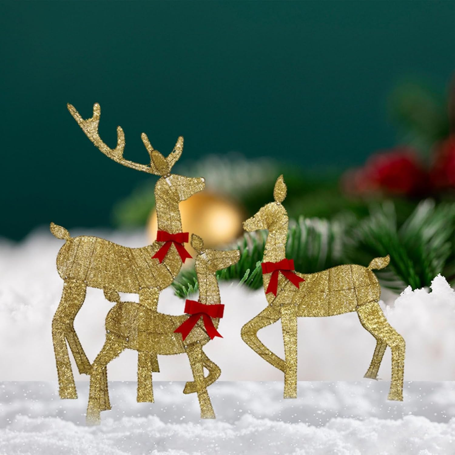 Gold Reindeer Christmas Decorations - 3Pcs Outdoor LED Lighted Deer Family for Festival Garden Yard Christmas Yard Lighting image number 2