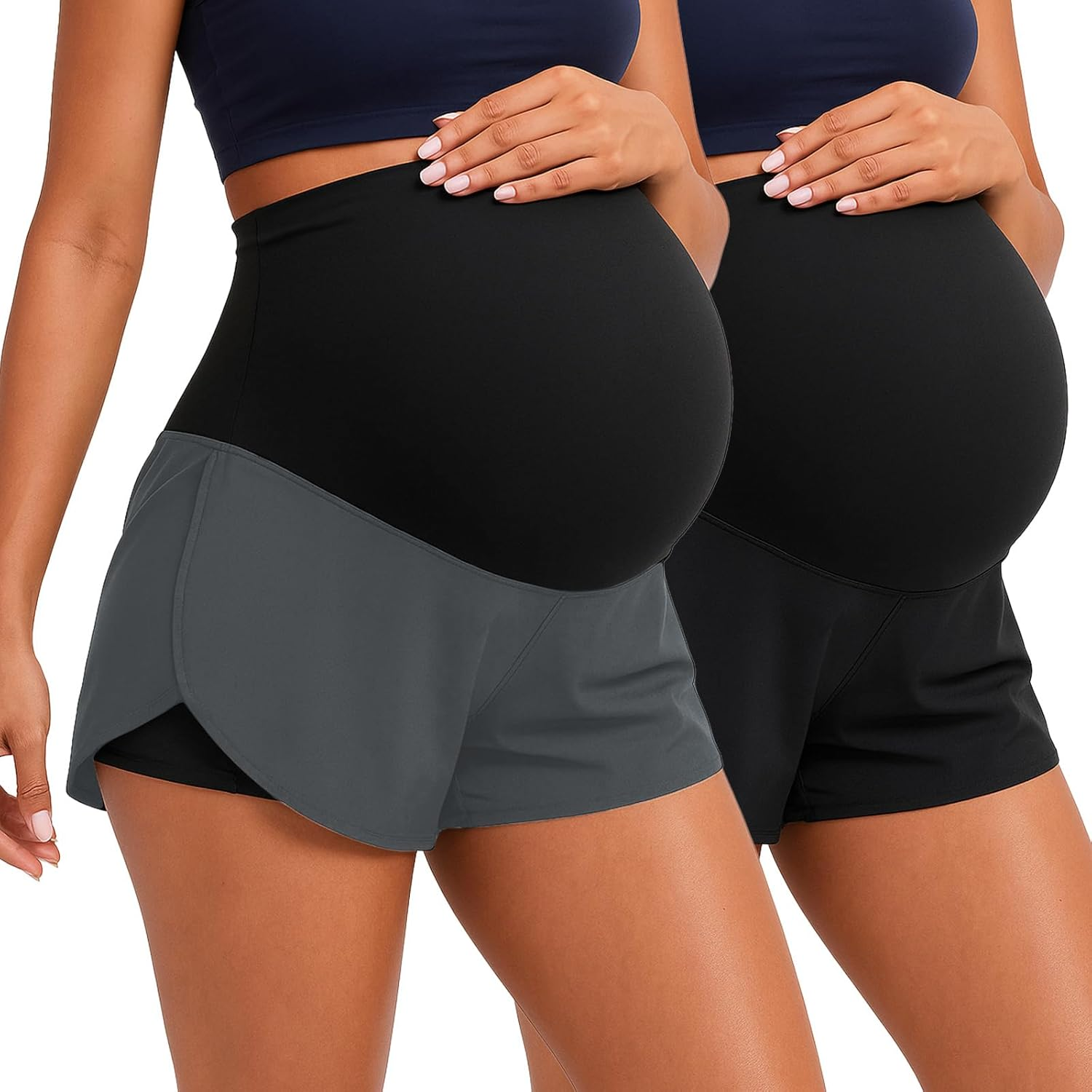 Coume 2 Pack Women'S Maternity Shorts over Belly Workout Yoga Athletic Running Quick Dry Pregnancy Summer Shorts with Pocket