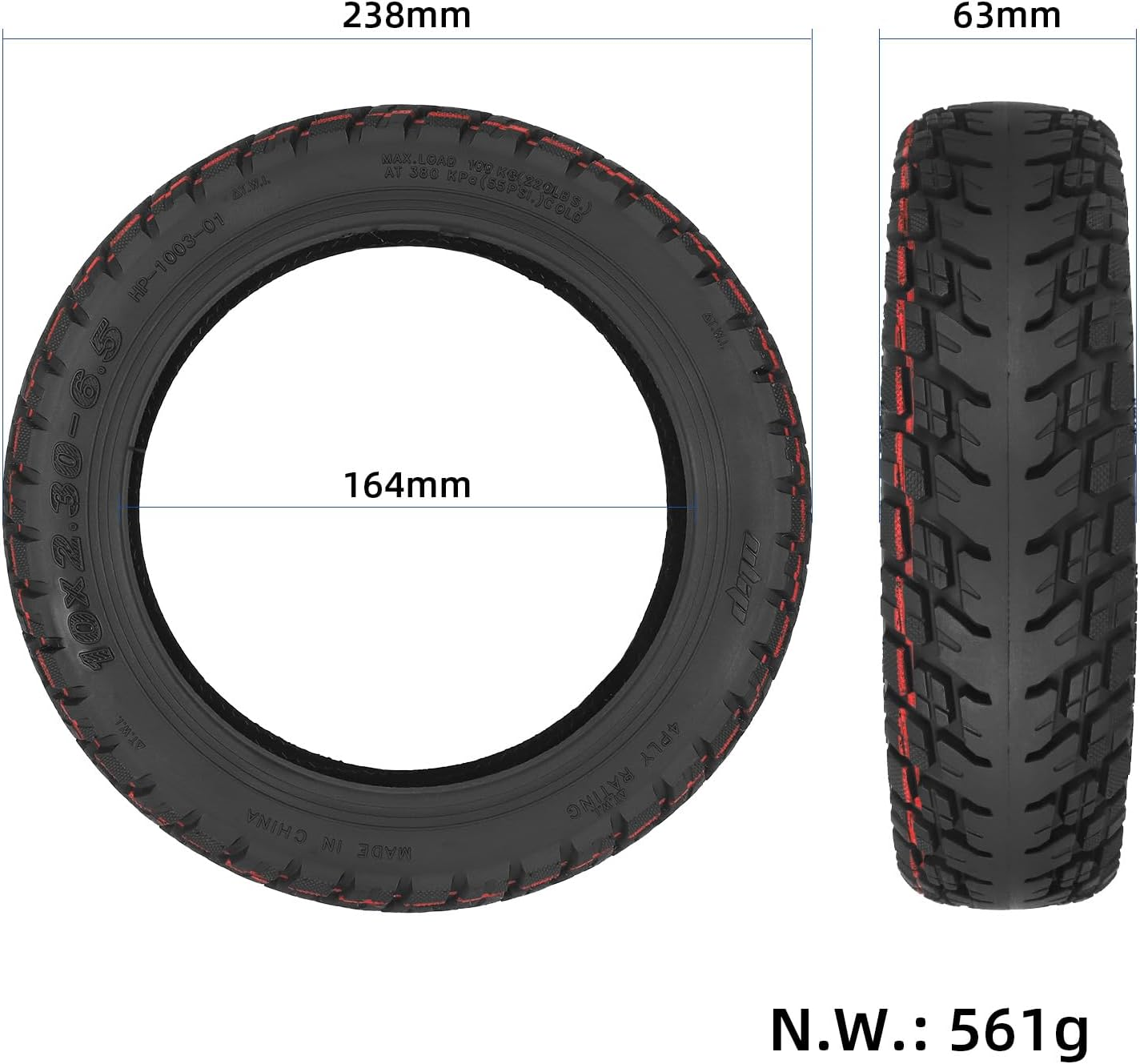 VOLOHAS 10 X 2.30-6.5 Offroad Tubeless Tyres for NIU Kqi2/Kqi2 Pro Electric Scooter Accessories Front/Rear Wear-Resistant Vacuum Tyres Non-Slip Thick Tyre Replacement Wheels Valve (Pack of 2) - Pack Of 2 image number 2