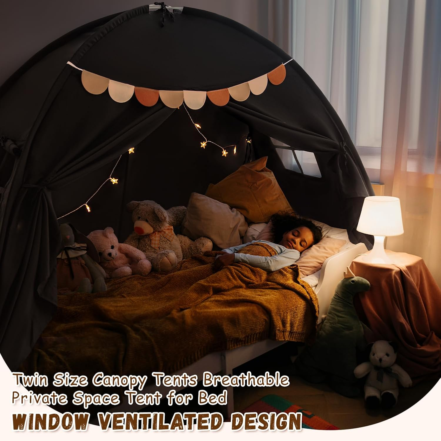 Twin Size Bed Canopy Bed Tents Dream Tent on Bed Privacy Space Blackout Sleeping Tents Indoor Breathable Portable Cottage Drafty Room Floor Bed Tents (Black) image number 3