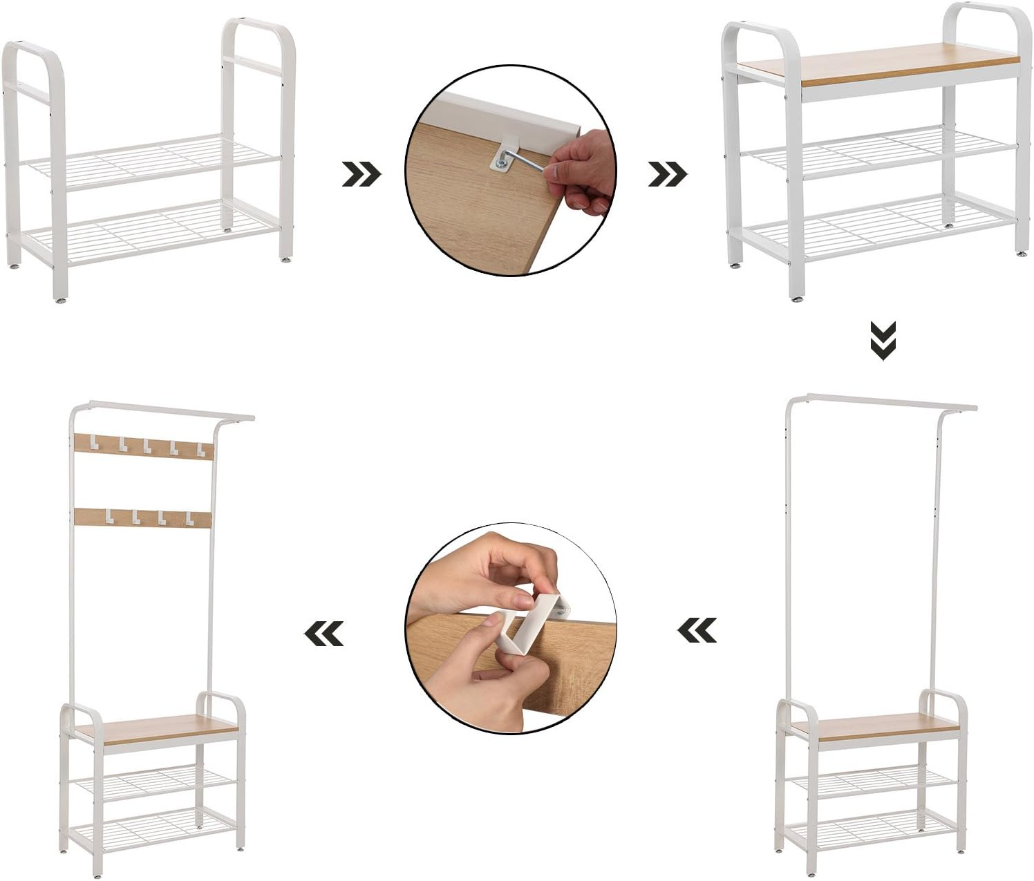 VASAGLE Coat Rack, Coat Stand with Shoe Storage Bench, 4-In-1 Design, with 9 Removable Hooks, a Clothes Rail, for Hallway, Entrance, 33.7 X 72 X 183 Cm, Modern, Oak and Cream HSR40W - Black image number 3