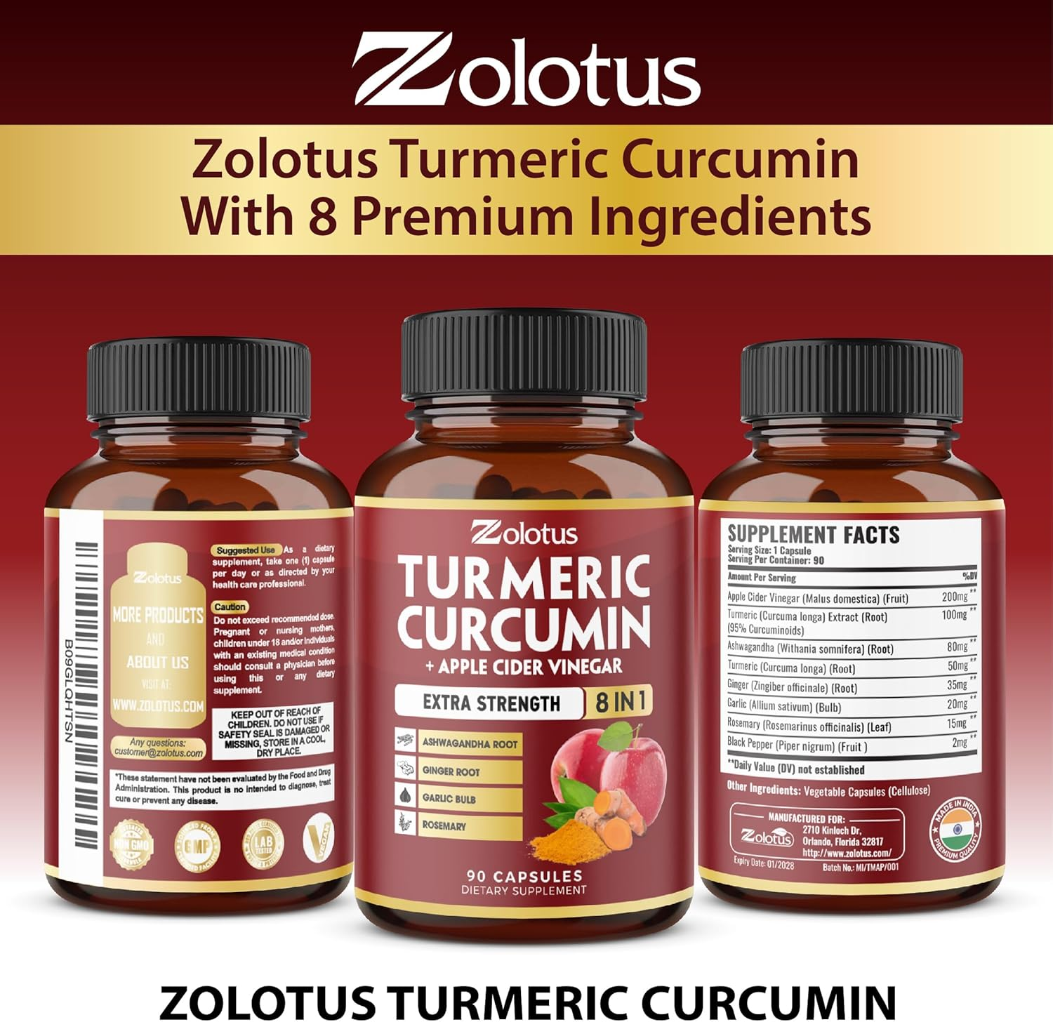 2Packs 90 Capsules Turmeric Curcumin + Apple Cinder Vinegar Capsules with Ashwagandha, Ginger, 95% Standardized Curcuminoids (6 Month Supply) image number 2