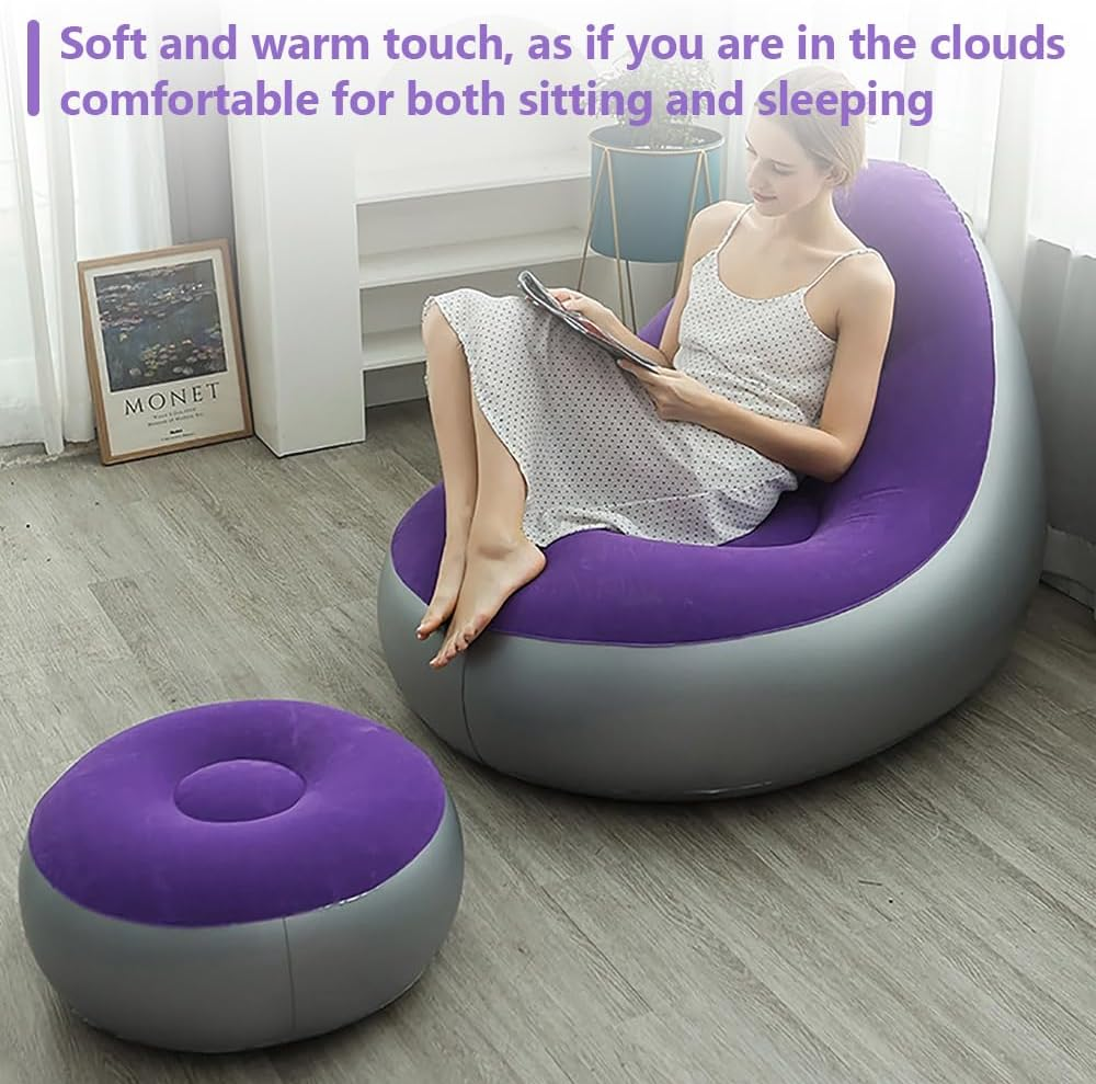 Inflatable Chair with Foot Stool,Inflatable Sofa Chair with Air Pump,Ultra Soft Lazy Sofa,Foldable Couch,Reclining Lounger, for Beach,Party,Living Room (Purple) image number 1