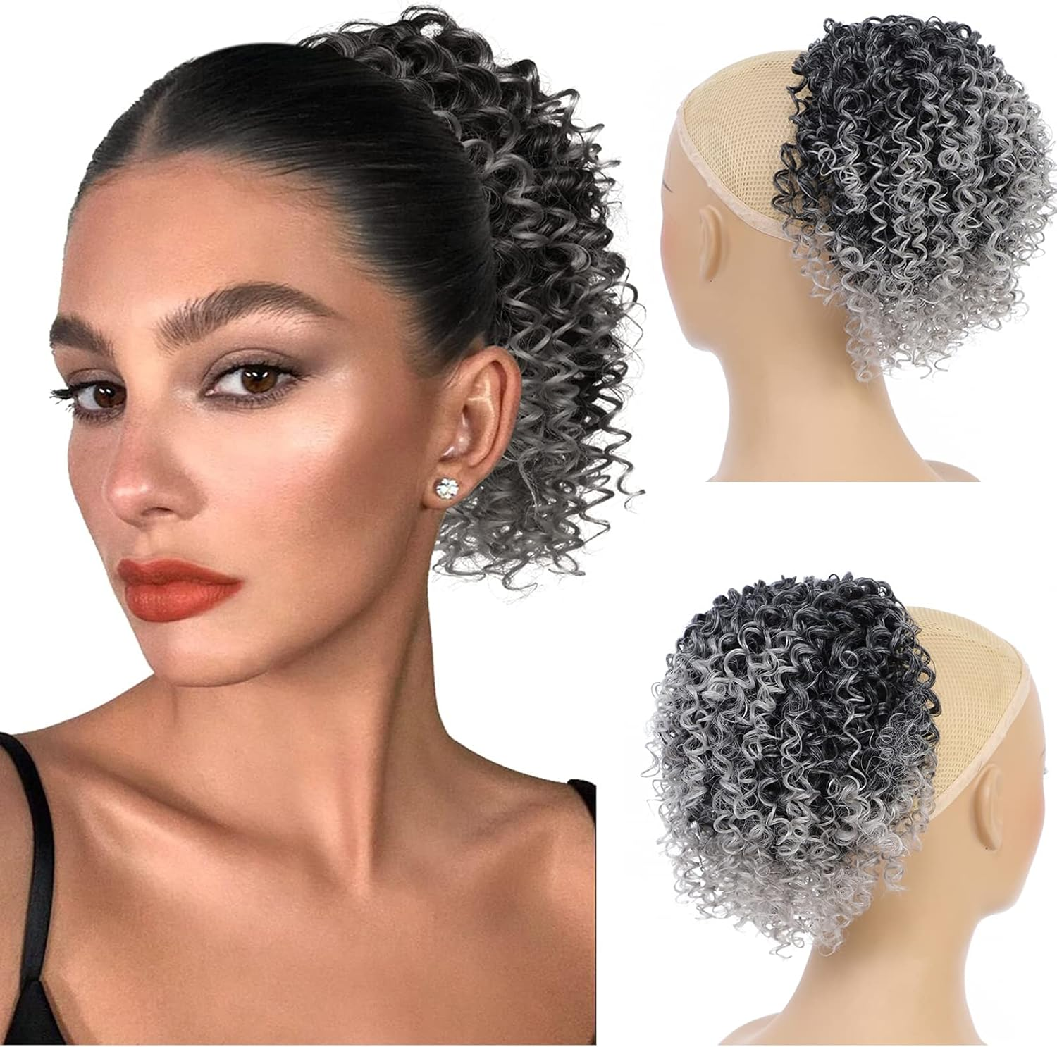 MNMNM Mawei-Zc-2X (Grey) Ponytail Extension Ponytail Hair Extension with Drawstring Afro Kinky Curly Drawstring Black Synthetic Fibre Hairpieces for Women 25 Cm