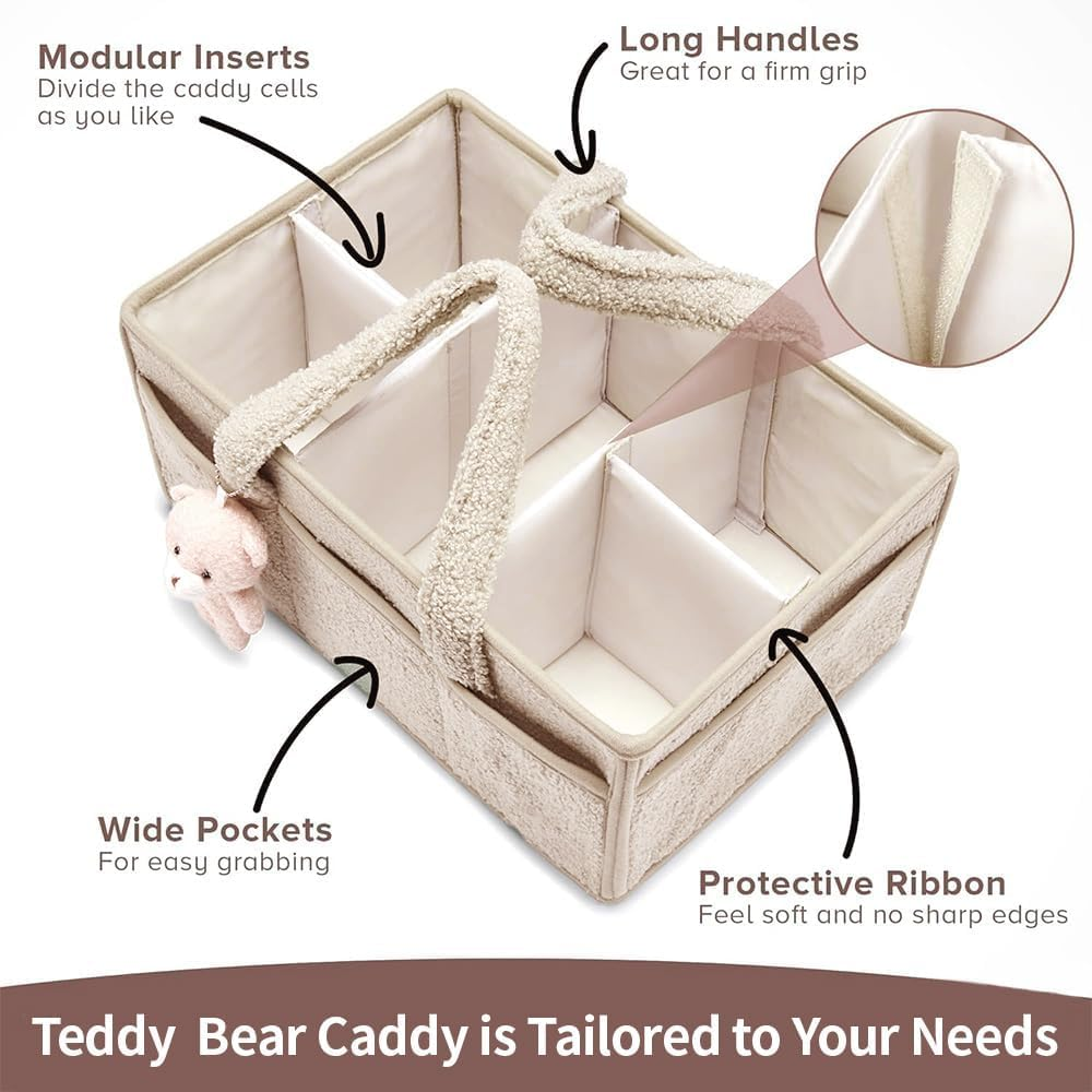 Baby Diaper Caddy Organizer,Nappy Storage Basket for Diapers and Wipes,With Bear, Portable Nursery Car Diaper Organizer image number 6