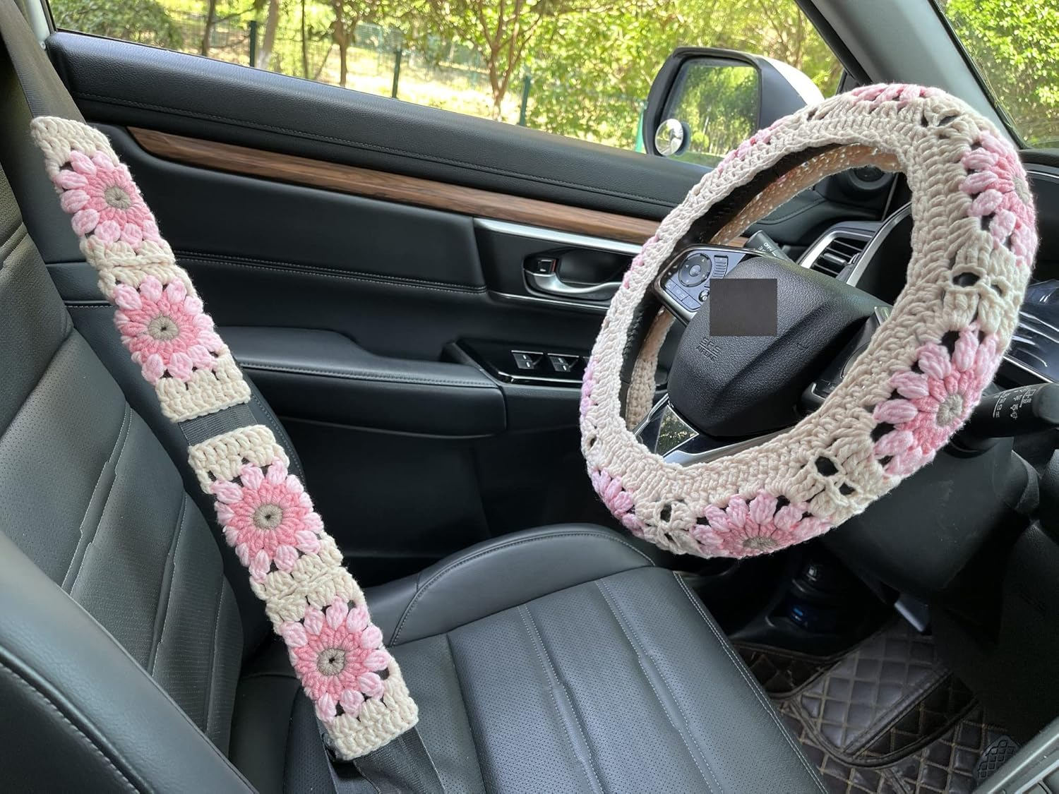 Crochet Sunflower Car Steering Wheel Covers Light Pink Universal 14-15 Inch for Women/Men (Steering Wheel Cover)