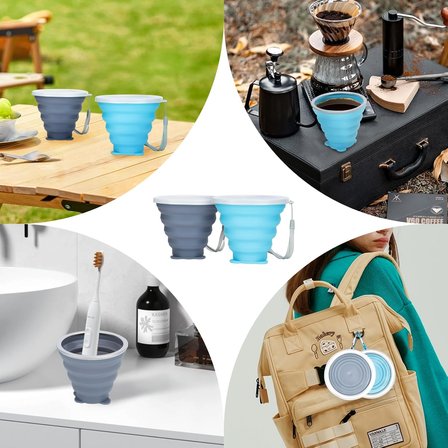 WRENYZK Pack of 2 Foldable Cups with Lid, 250 Ml, Reusable Foldable Cup, Travel Mug, Portable Silicone Cup, Outdoor Camping Folding Cup for Travel, Sports, Picnic, Hiking (Blue, Grey)