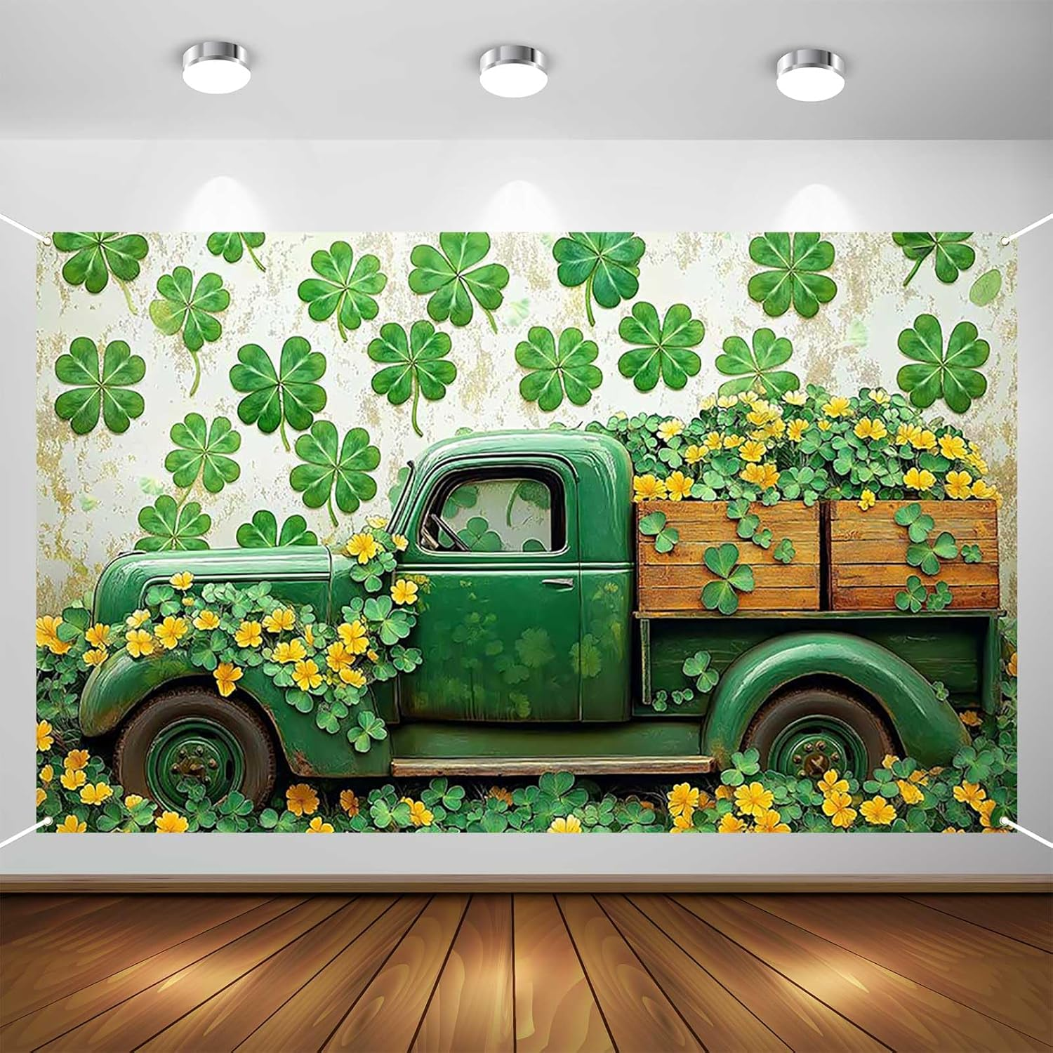 Aperturee St. Patrick&rsquo;S Day Banner - 70.8X43.3 Inch, Green Vintage Truck and Clover Backdrop, Lucky Shamrock Decoration Photo Booth Props Photography Background image number 4