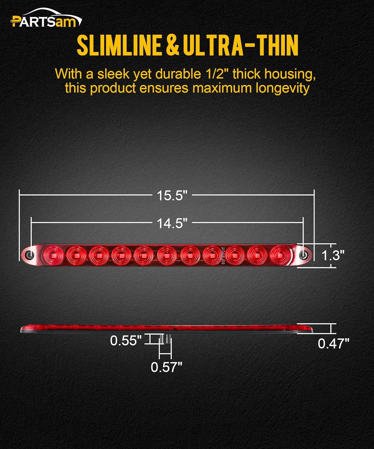 Partsam 4Pcs Red 15" Inch Sealed 11 LED Third Brake Light Bar Stop Turn Signal Tail 3Rd Brake Light ID Bar Truck Trailer RV Camper Waterproof DOT Compliant image number 5