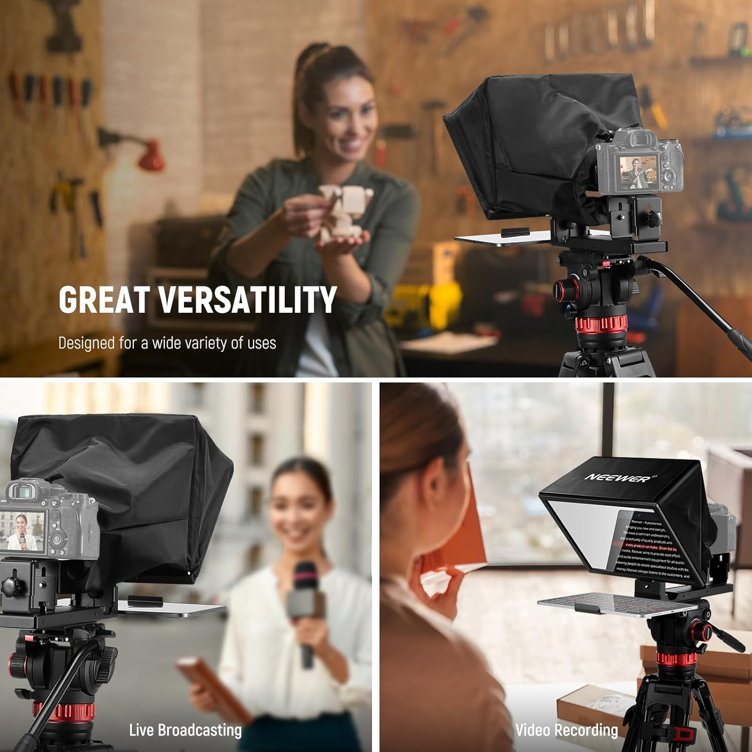NEEWER Basics X12B Aluminum Alloy Liftable Teleprompter 12" Compatible with Iphone Ipad Tablet Phone Camera, No Assembly/Remote & App Control with Cleaning Cloth, for Online Teaching Live Streaming image number 6