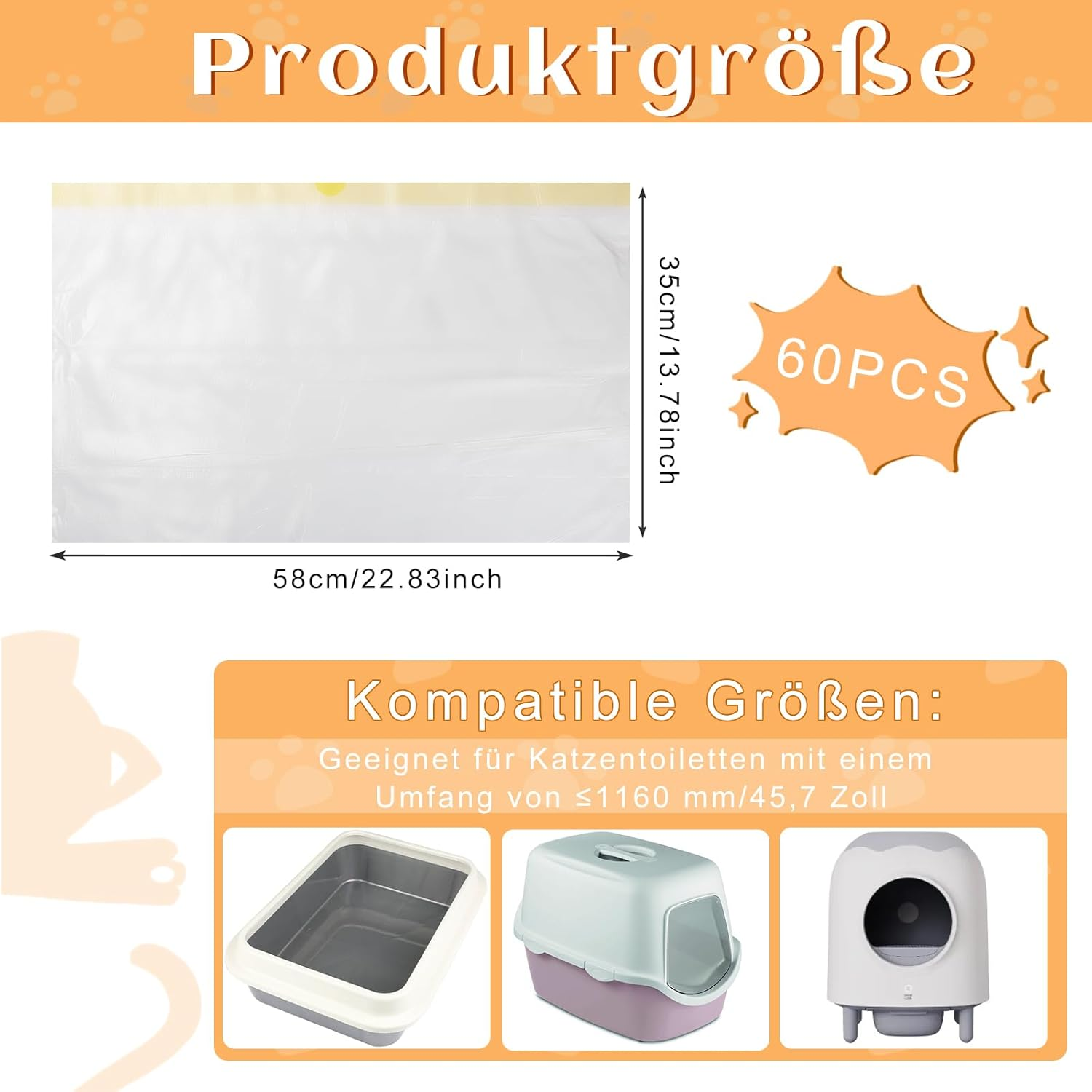 Cat Litter Tray Bags with Drawstrings, 3 Rolls X 60 Pieces Cat Litter Bag Bin Bags with Carry Handle, Durable Tear-Resistant Cat Litter Bag, Self-Cleaning Cat Litter Box Bin Liners, 58 X 35 Cm image number 1