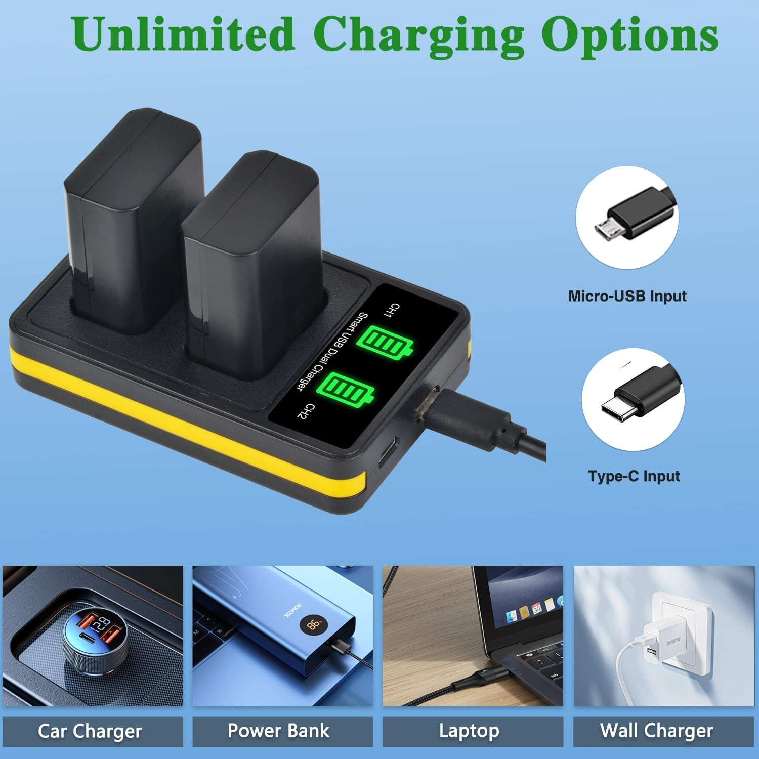 Tectra 2-Pack NP-FW50 Battery and LED Dual Charger for Sony ZV-E10, Alpha A6000, A6300, A6400, A6500, A5000, A5100, A7, A7II, A7RII, A7SII, A7S, A7S2, A7R, A7R2, A55, RX10 II III Camera image number 6