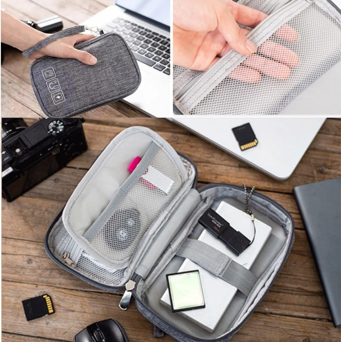 Electronic Accessories Bag,Travel Cable Organizer Bag Pouch Electronic Accessories Carry Case Portable Double Layers Storage Bag for Cable,Adapter, Battery and More,Mouse,Ipad, Phone (Grey) image number 5