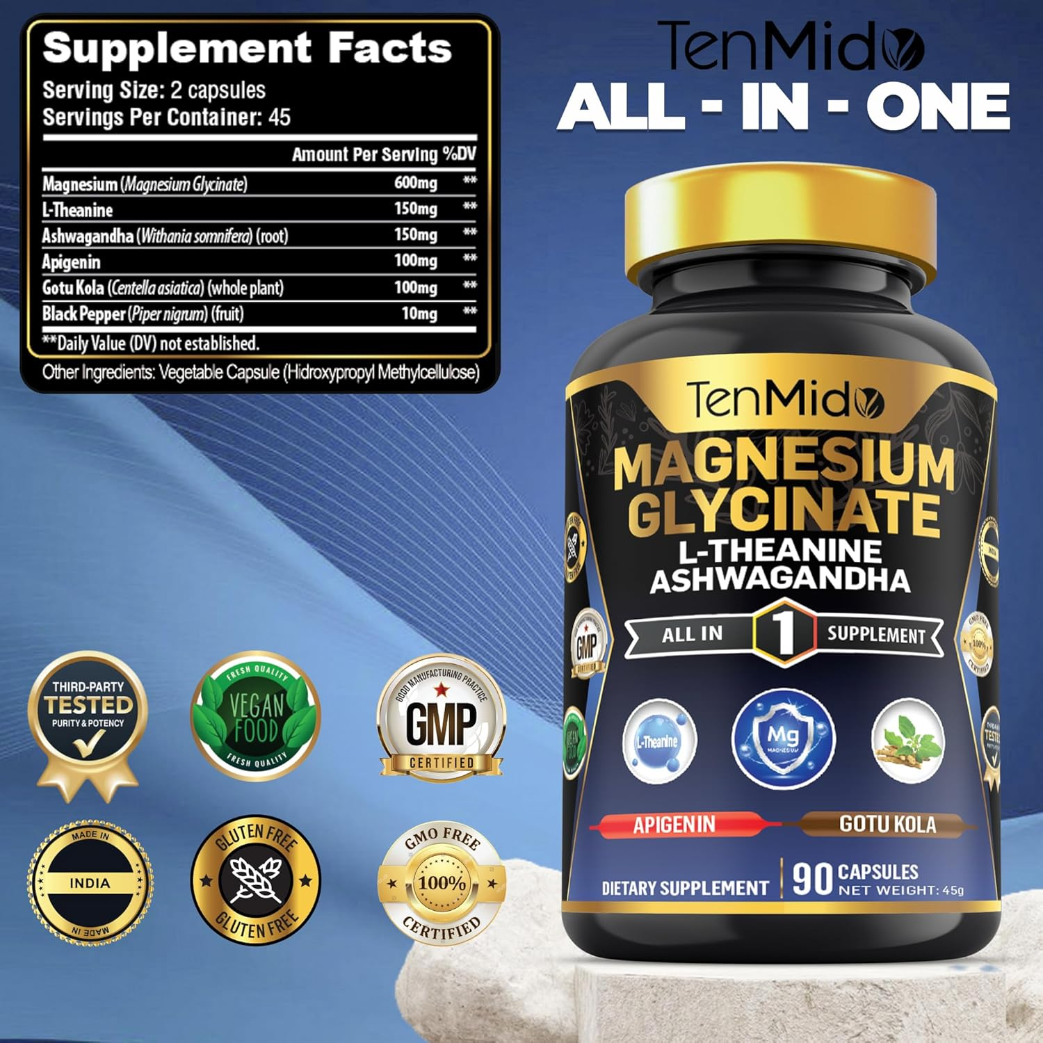 Tenmido Magnesium Glycinate Supplement - 6In1 with Ashwagandha, L-Theanine, Apigenin, Gotu Kola, and Black Pepper - 90 Vegan & Non-Gmo Capsules image number 1