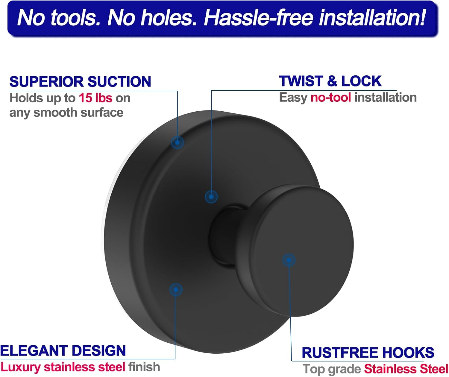 Bntuk Suction Cup Hooks for Shower, Removable Towel Hooks for Bathroom Window Glass Door Wall, Bath Robe Looafh Hook for Hanging - 2 Pack, Black image number 6