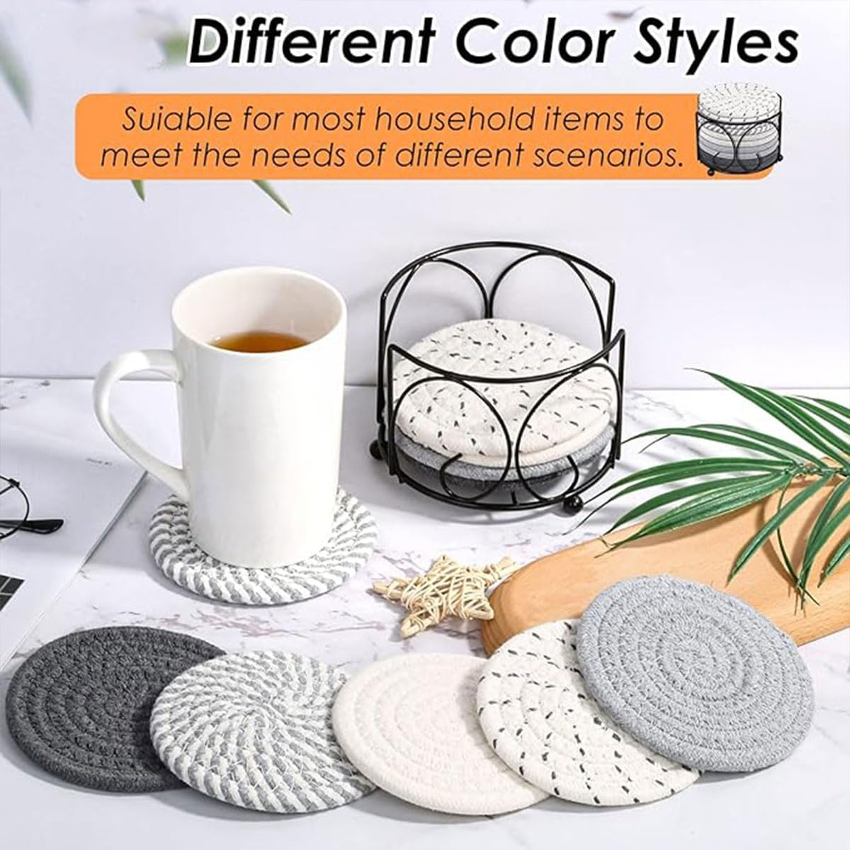 AIMALL 8PCS Nordic Cotton Rope Coasters, round Woven Insulation Mats, Thick Heat-Resistant Placemats for Kitchen and Dining, 3 Styles, 7.3 Inches - Mixed image number 6
