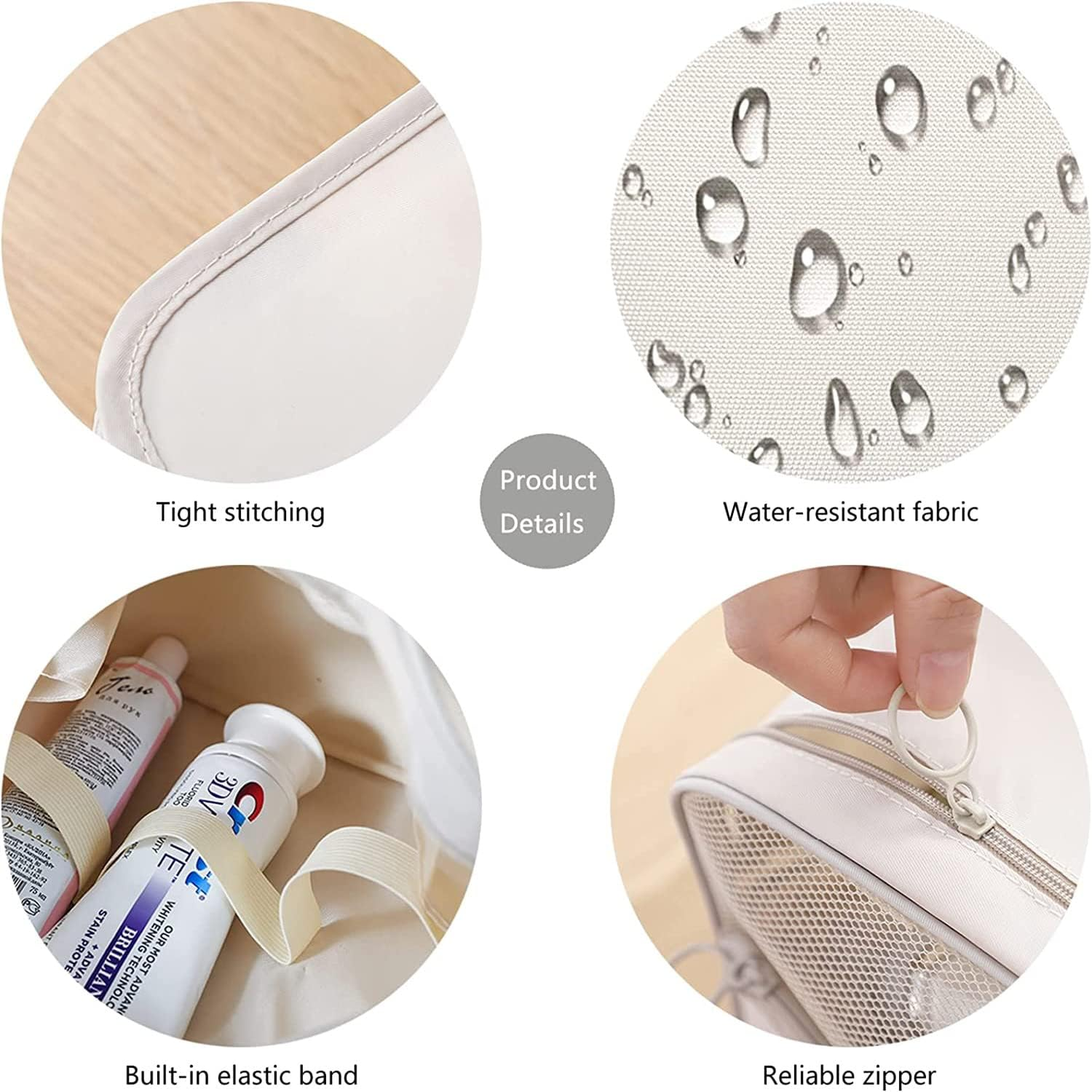 JCZD Hanging Toiletry Bag, Travel Wash Bag for Women Portable Folding Cosmetic Organizer Large Capacity Girls Makeup Bag Waterproof Shower Bag with Separate Compartment (Black) - Beige image number 2