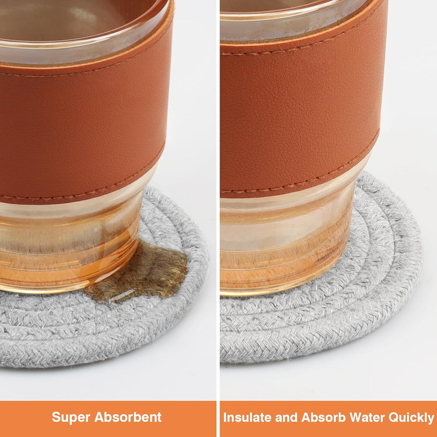 4.8" Cotton Drink Coasters Set of 2&ndash; Absorbent Fabric Mug Pads for Coffee, Tea & Drinks, Minimalist Desk & Nightstand Cup Mats, Durable Neutral Drink Coasters for Home, Office or Gift Use (Cloud Grey) image number 4