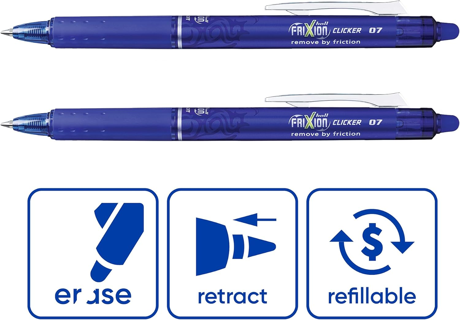 Pilot Frixion Clicker Erasable Retractable Gel Pen, Fine Tip (0.7Mm) - Pack of 2 Gel Pens - Blue image number 3