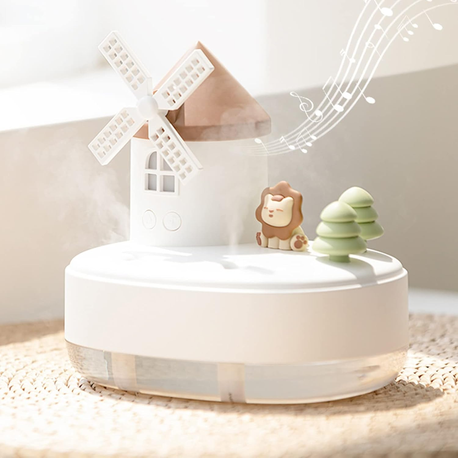 Cute Humidifier, Unique Music Dual Spray Romantic Windmill Shape Low Noise Music Humidifier for Office (White)