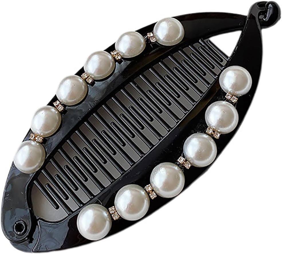 2PCS Pearl Rhinestone French Banana Clip Ponytail Vertical Clip Fishtail Clip Grips Clamp Headwear Styling Hair Accessories for Women Teen Girls Black Hair Clips for Women Girls