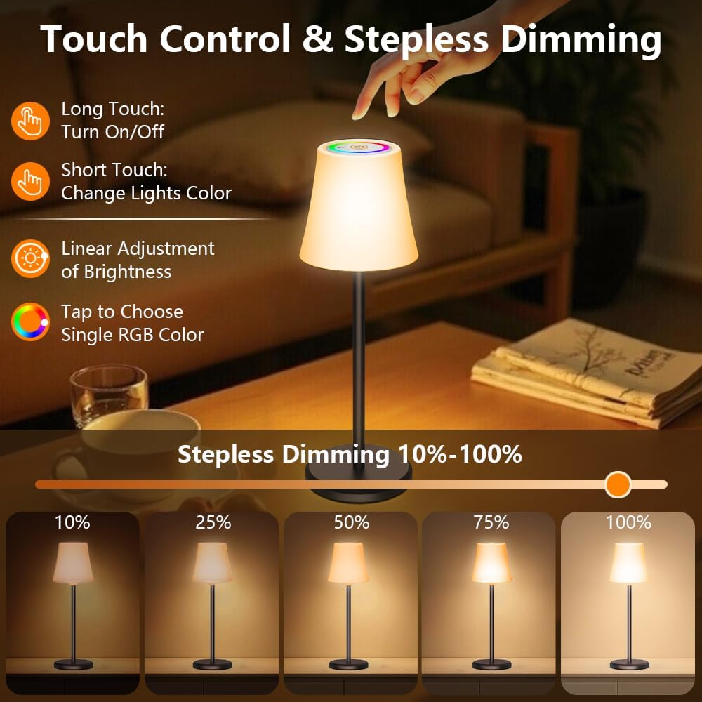Ainostone LED Table Lamp Wireless Pack of 2 Battery Table Lamp Touch with 3 Colour Temperatures + RGB Continuously Dimmable USB-C Rechargeable IP54 Waterproof for Bedroom Dining Room Outdoor Camping