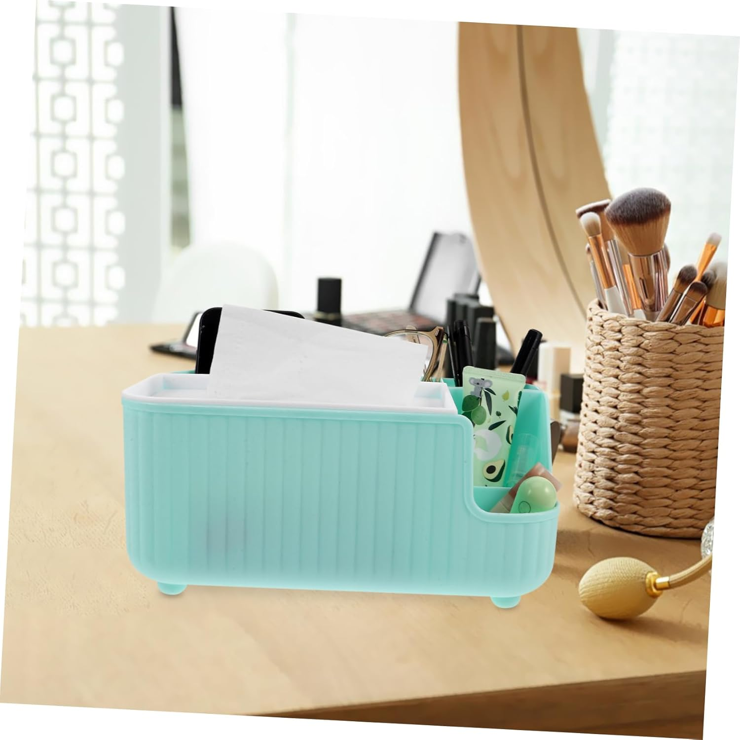 Tissue Box Cover Remote Control Holder Multifunctional Facial Tissue Holder for Living Desk and Makeup Brush Organizer for Home Office and Daily Use