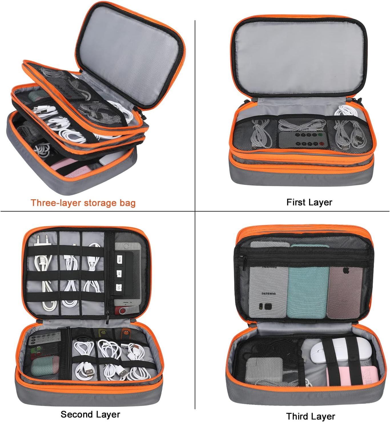 Travel Accessories Bag, Portable Cable Organiser Bag Travel Electronics Organiser Gadget Cable Bag Cable Pouch, Carrying Case for Tablet, Cable,Sd Card, Charger, Power Banks, Grey, XSC, Bag Organiser - Grey image number 3