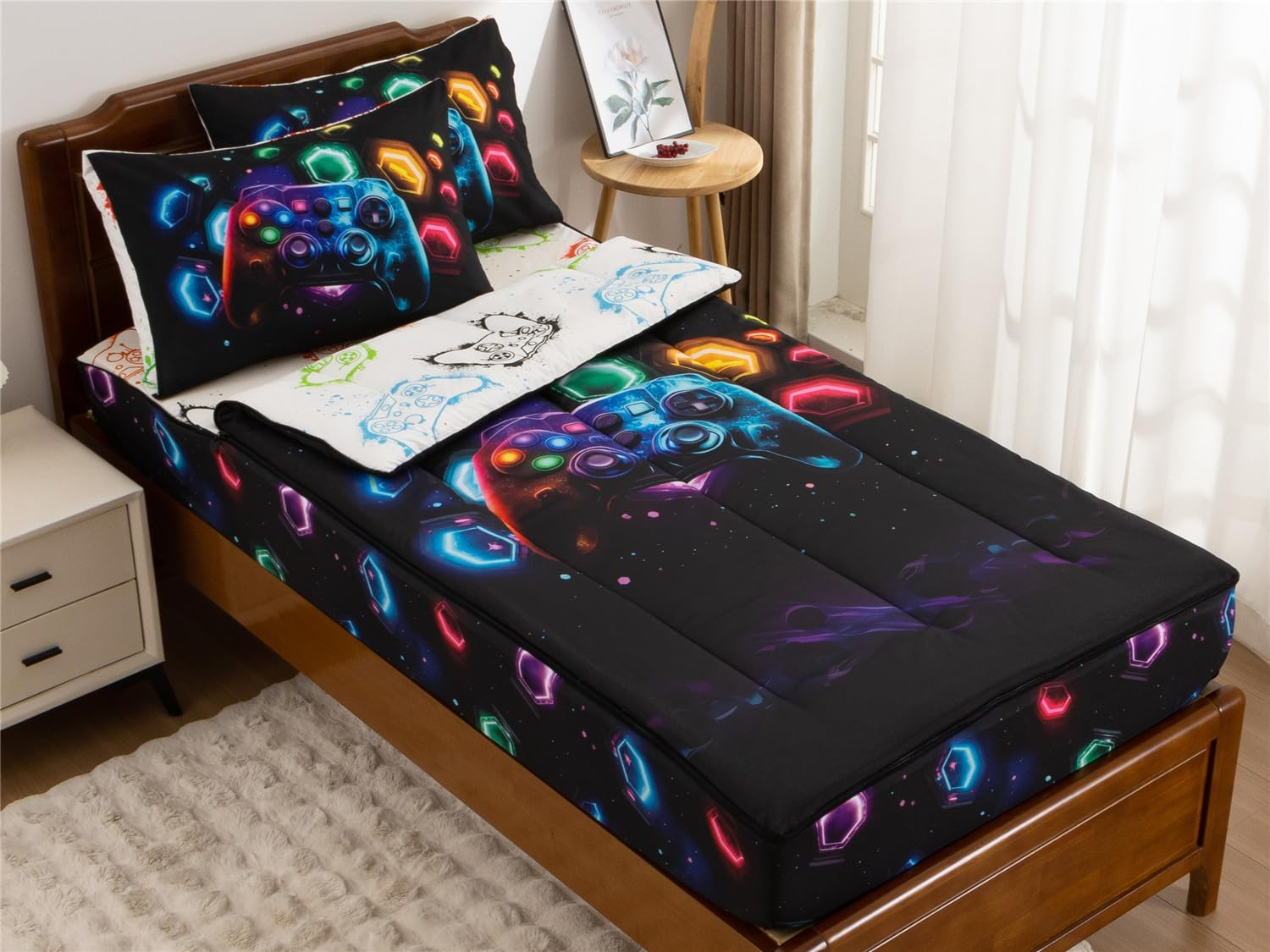 NTBED Rainbow Sun Printed Zipper Bedding Sets Twin for Kids Girls Lightweight Microfiber Comforter Set with Fitted Sheet Pillow Covers,White