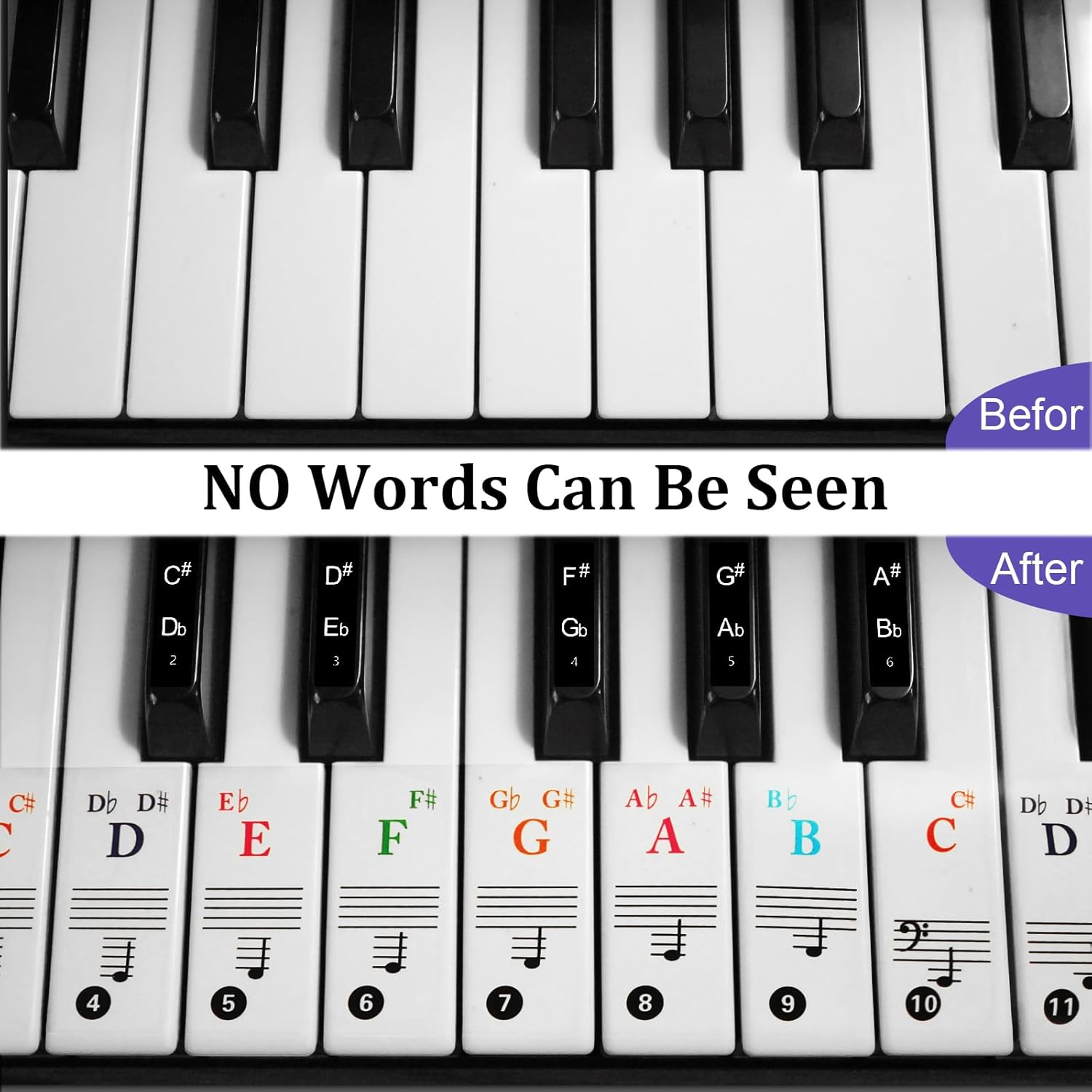 Piano Key Stickers, 61 Keyboard Piano Key Piano Keyboard Stickers Colorful Large Bold Letter Piano Stickers, Removable Piano Keyboard Note Labels, Piano Stickers for Beginners image number 6