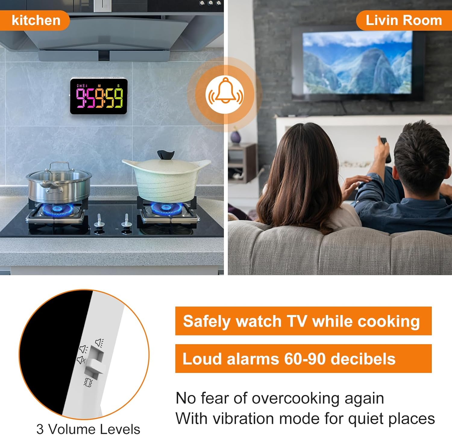 Kitchen Digital Timer, Count down Up, Rechargeable, Vibration Mode Adjustable Volume and Brightness LED Display, Time Management Cook, Desk, Kids Adults Study Teaching, Kitchen Gadgets image number 4