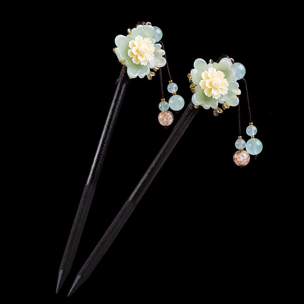 2 Pcs Wooden Chinese Hair Sticks for Long Hair, Vintage Retro Hair Chopsticks for Women Bun, Elegant Flower Tassel Chinese Hair Pins Chignon image number 1
