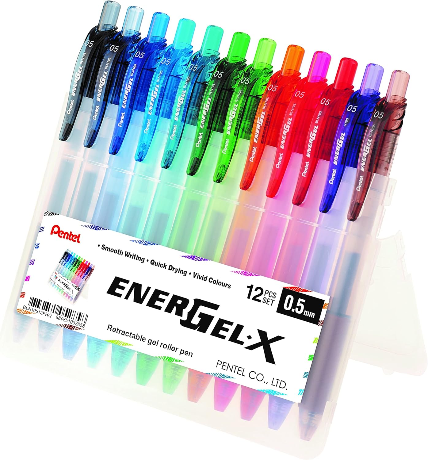 Pentel Energel-X Retractable Gel Pen 12 Assorted Colours 0.5Mm Fine Nib in Hard Wallet (BLN105-12AST1)