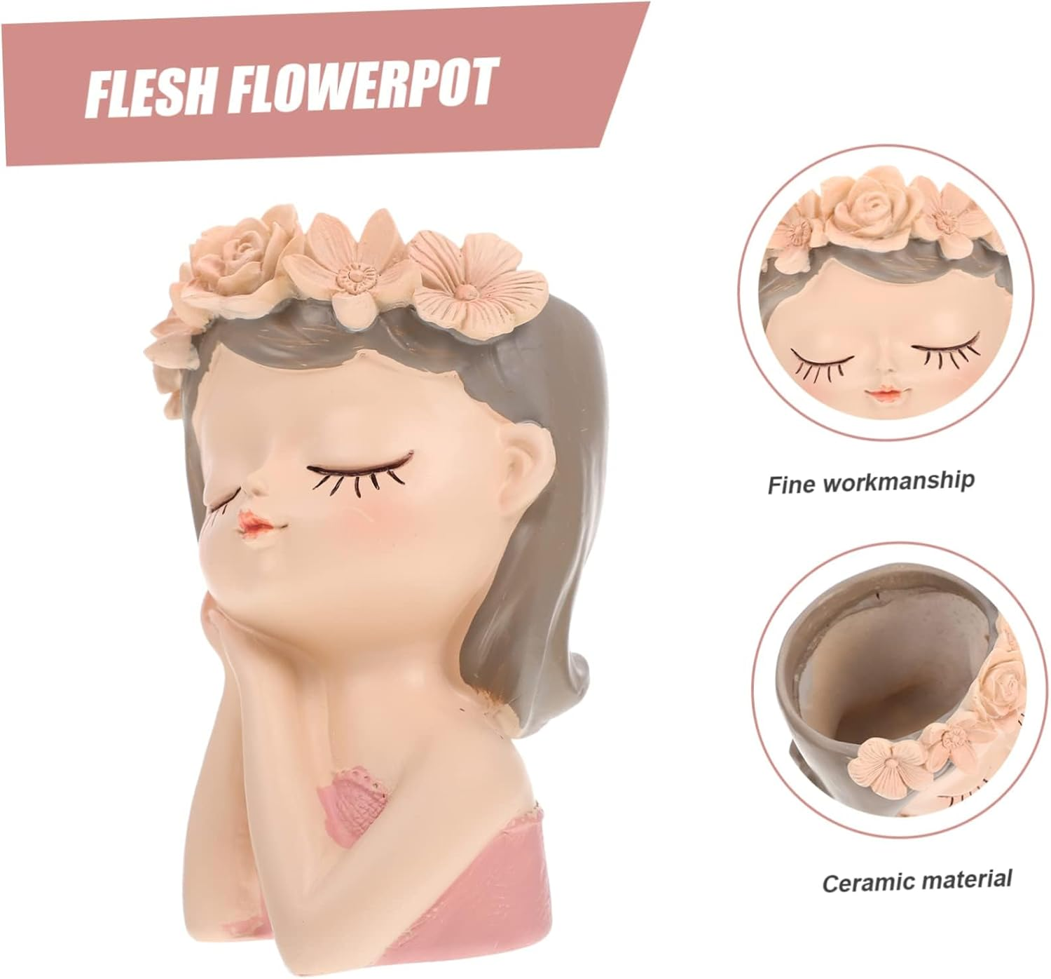 MYKAGS Cute Girl Face Resin Succulent Planter Pot with Drainage Hole, Ideal for Indoor/Outdoor Use, 7Cm W X 7Cm D X 11Cm H, Glossy Finish, Whimsical Style, 1 Count image number 4