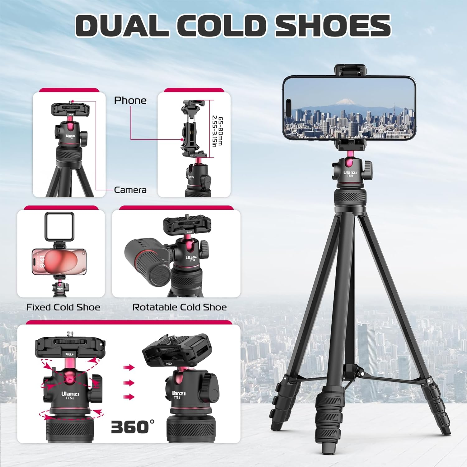 2 in 1 Camera Phone Video Tripod - ULANZI TT51 Portable Tripod Stand I 360&deg; Rotable Ball Head I Hidden Cold Shoe Phone Holder I 600G Lightweigt I 1.38M/51In Long I 5 Section Extenable Vlog Tripod image number 4