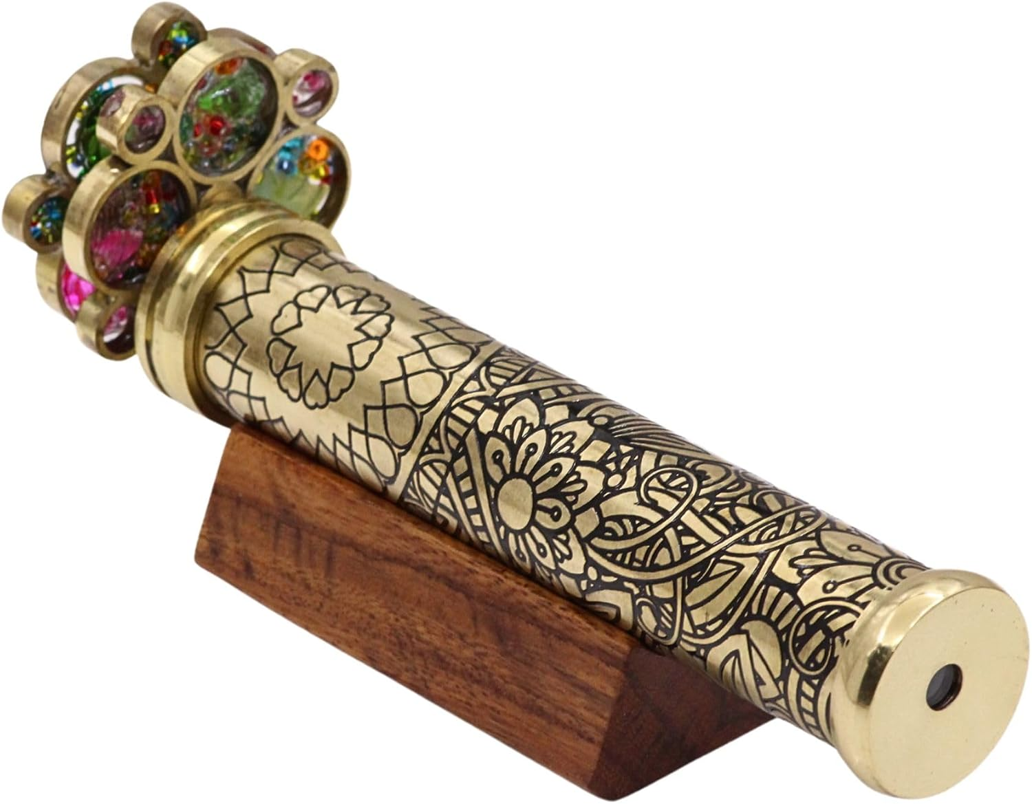 ROORKEE INSTRUMENTS (INDIA) a NAUTICAL REPRODUCTION HOUSE Handcrafted Etched Floral Pattern Lacquered Brass Kaleidoscope Includes Two Separate Turning Wheels, Hardwood Base - 7&rdquo;X1.25&rdquo; - All Ages image number 1