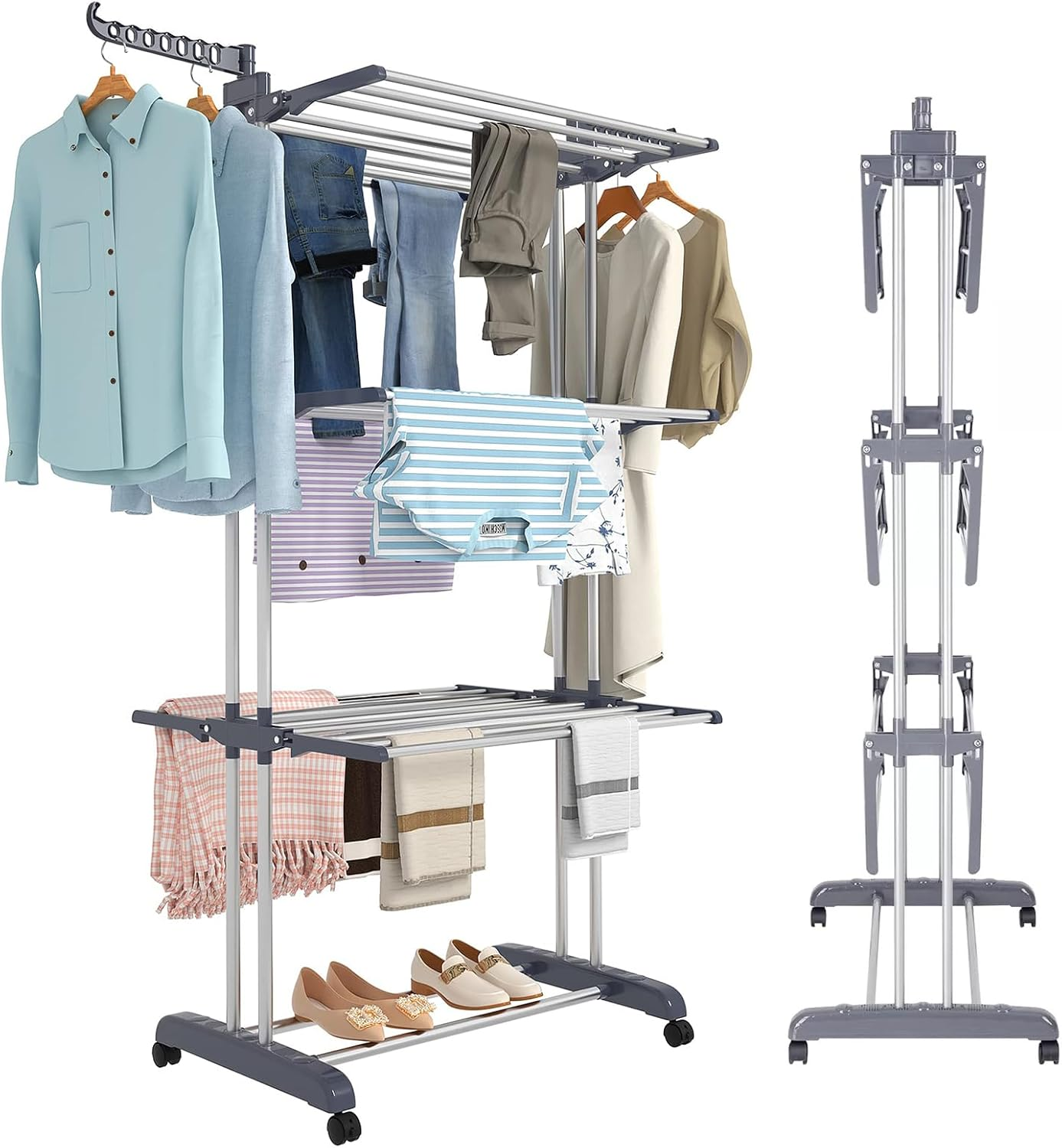 Clothes Drying Rack，4-Tier Laundry Rack，It Can Move Dryer Stand，Foldable Clothes Airer Drying Rack，Portable Clothes Rack with 4 Castors，For Drying Clothes, Clothes, Towels Indoors and Outdoors image number 5