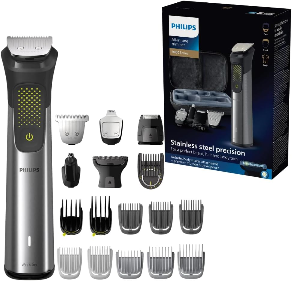 Philips Series 9000 Electric All-In-One Trimmer 18-In-1 Grooming Kit for Face, Hair & Body Shaver, Premium Stainless Steel Handle, Self-Sharpening Blades, Wet & Dry Use MG9515/15