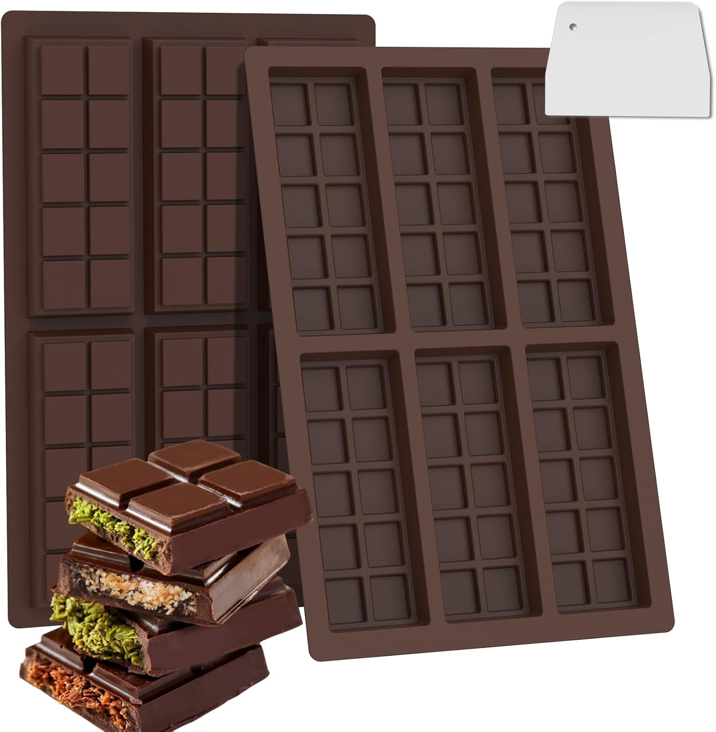 Bighan 2 Pack Chocolate Molds, Chocolate Bar Molds Milk Chocolate Bar Silicone Chocolate Mold Food Grade Silicone Chocolate Bar Mold Kitchen Baking 6 * 10 Mould and Scraper image number 5