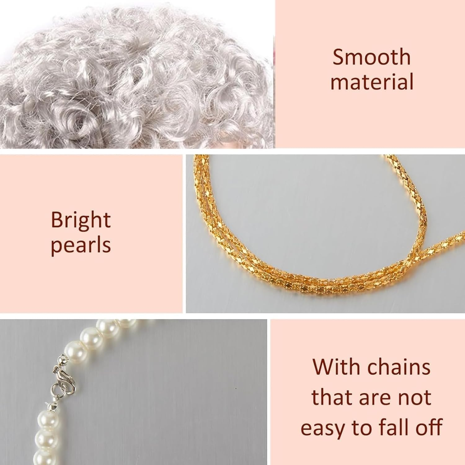 HENWUBEI 7 Piece Old Lady Cosplay Set, Grey Granny Wig Curls Necklace and Fake Eyeglasses Set,Halloween Masquerade Party Witch Decoration 100 Days of School Event image number 3