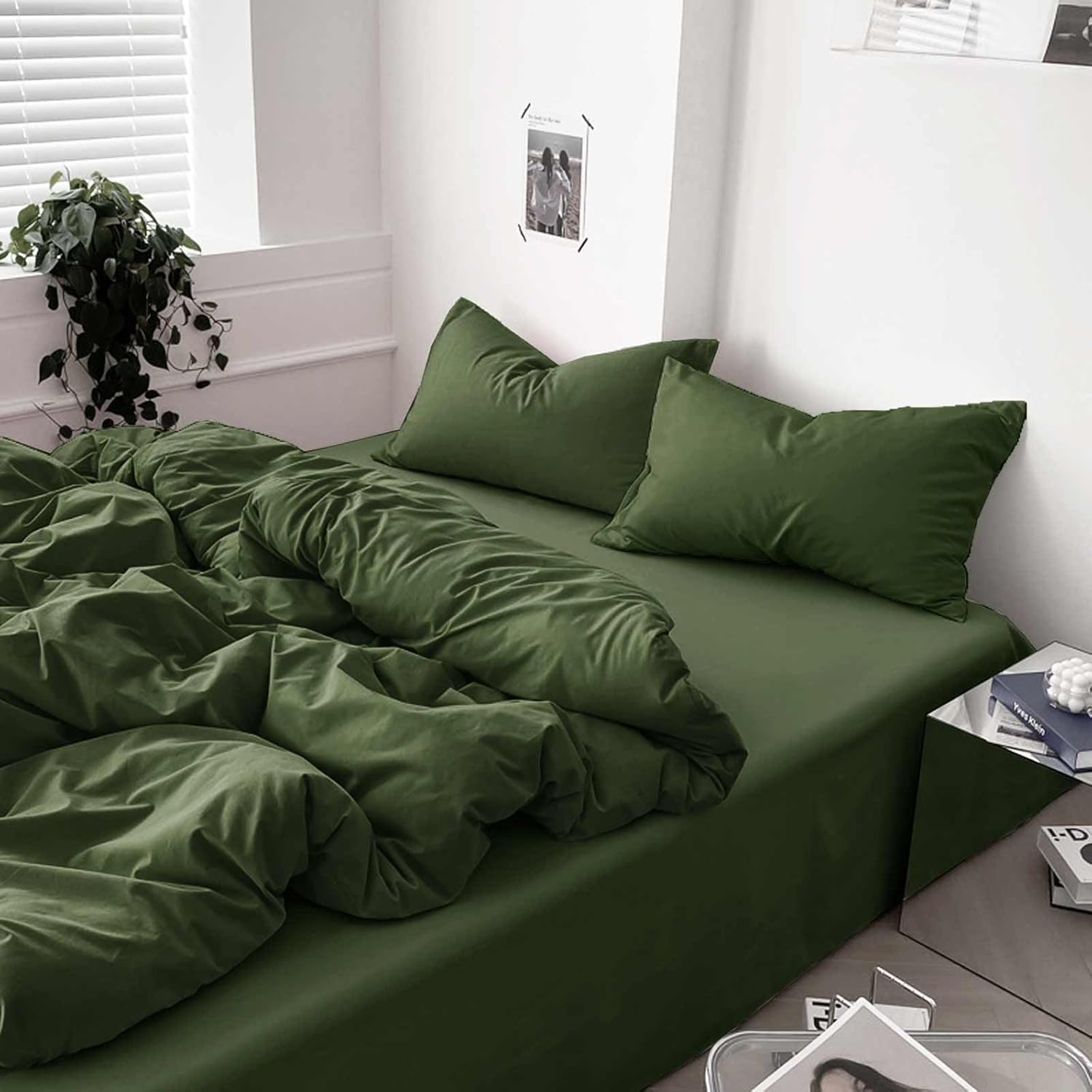 Dark Olive Green Full Comforter Set - 3 Piece Aesthetic Modern Bedding Set - All Season Farmhouse Soft & Lightweight Microfiber down Alternative Comforter Bed Set with 2 Pillow Shams for Women Men image number 6