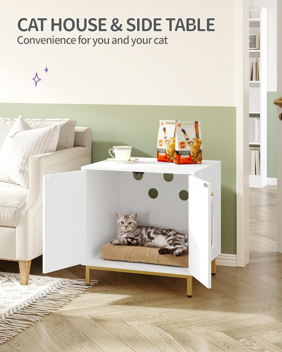 Hzuaneri Cat Litter Box Enclosure, Hidden Litter Box Furniture, Wooden Pet House Side End Table, Storage Cabinet Bench, Fit Most Cat and Litter Box, Living Room, Bedroom, White and Gold CB81203G image number 3