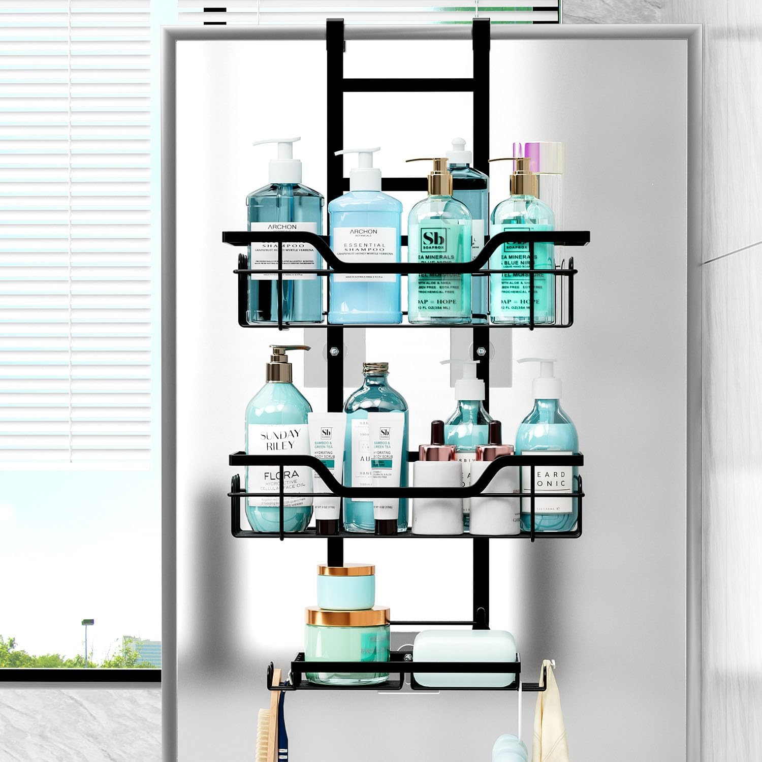 Shengsenfu Shower Caddy Hanging, Rustproof Shower Organizer, over the Shower Head Caddy Hooks for Razor/Sponge, No Drilling Bathroom Storage Shelf Rack Soap Holder, 3-Tier over the Door Shower Caddy image number 5