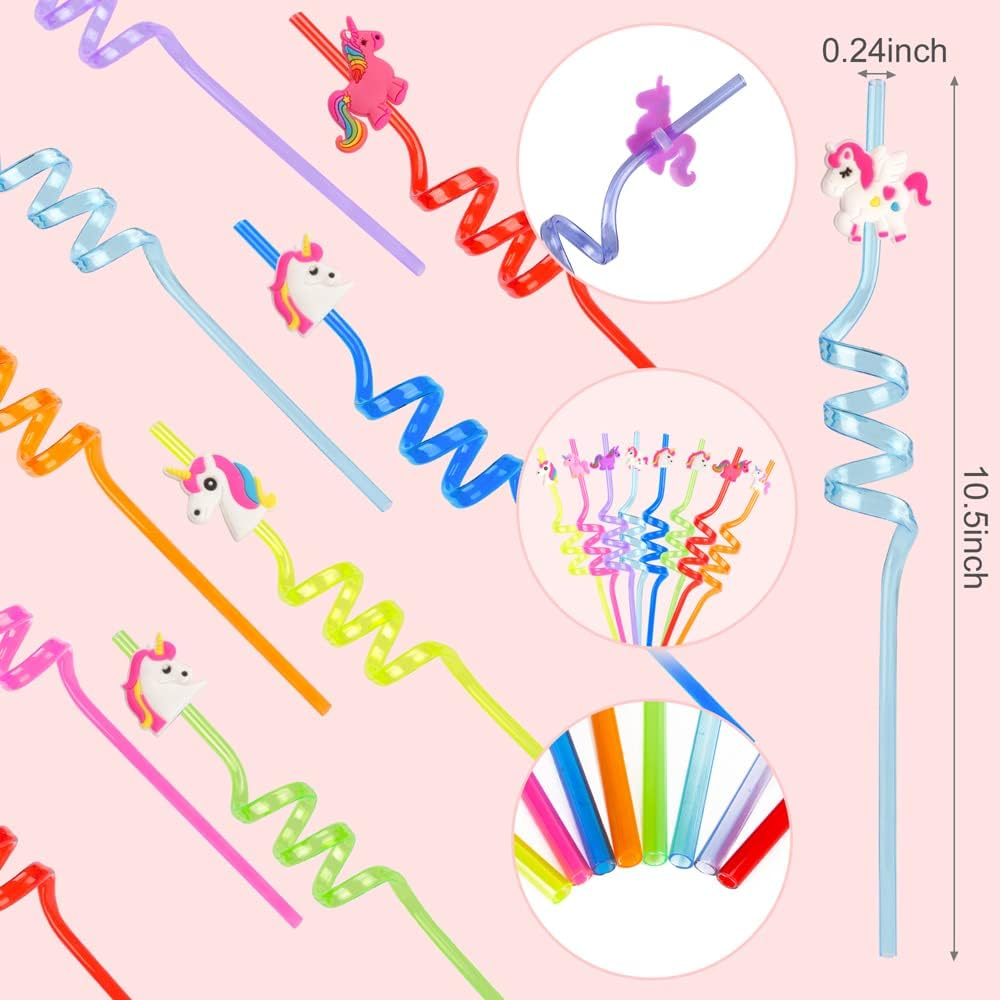 Pack of 12 Unicorn Drinking Plastic Straws + 4 Temporary Tattoos + 1 Cleaning Brush, Reusable Drinking Straws for Birthday Party Accessories image number 1