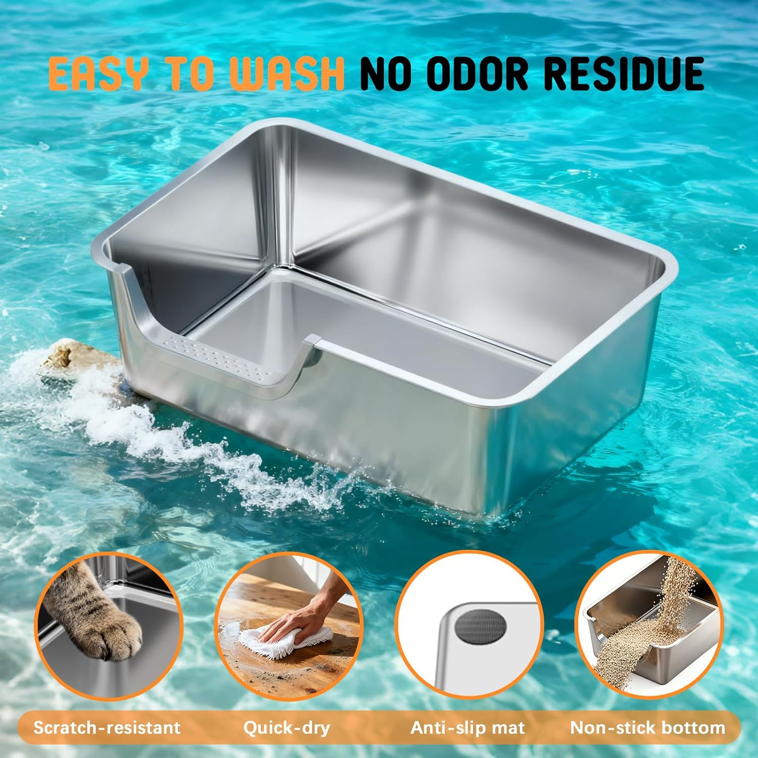 Towntime Stainless Steel Litter Box with High Sides,23.60" L X 15.7" W X 7.8" H,Extra Large Jumbo Cat Litter Box,Xl Kitty Metal Liter Box for Indoor Big Cats,Non-Sticky,Anti-Leakage(Left Entry) image number 3